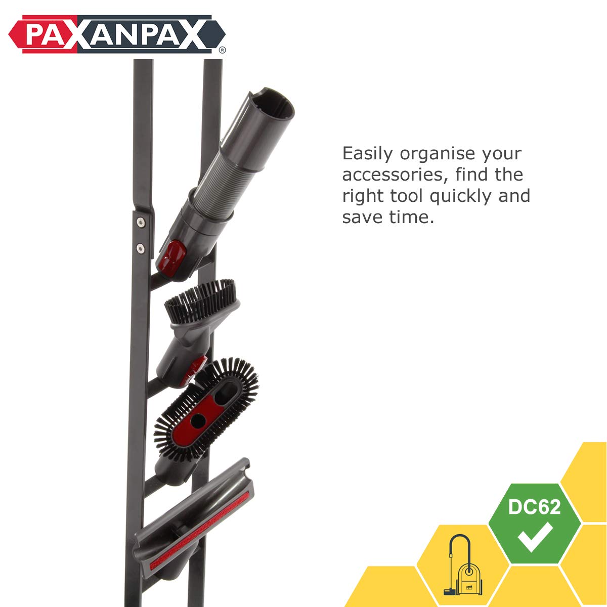 Paxanpax PFC764_04 & PFC764D Cordless Vacuum Cleaner Stand for Dyson DC62 - Freestanding Metal Holder & Accessories Rack - Wall-Mount Free Design in Dark Grey | Perfect for Living Room, Bedroom & Office Organization