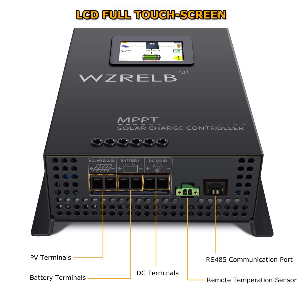 WZRELB 60A MPPT Solar Charge Controller 12V/24V/48V Auto & 18V/36V Manual, Max PV 170V with LCD Touch Screen - Perfect for RV, Marine, Off-Grid Solar Systems & Battery Charging