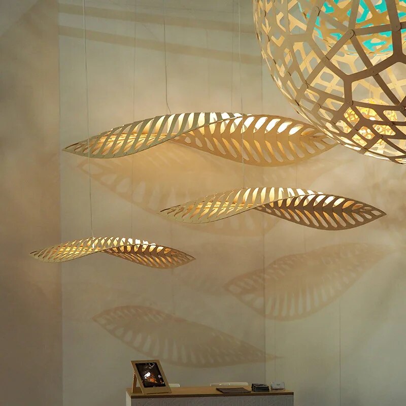 Handcrafted Wabi Sabi Wooden Fish Bone Pendant Chandelier - Rustic Boho Ceiling Light for Dining Room, Bedroom & Living Room Decor