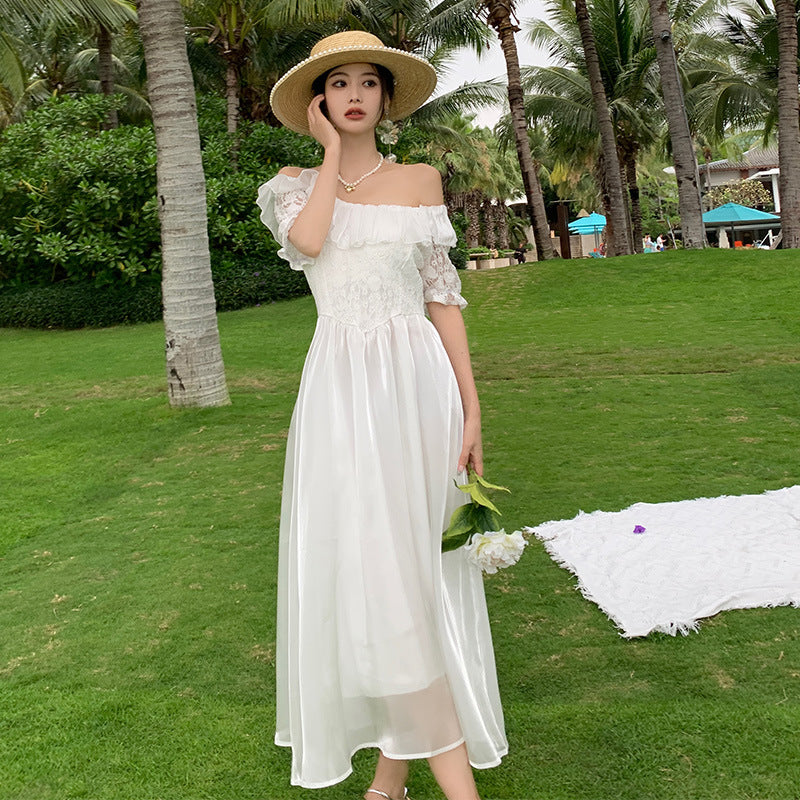 Off Shoulder White Summer Dress with Mid Sleeves & Long Skirt - Casual Boho Style for Beach, Vacation, and Outdoor Parties
