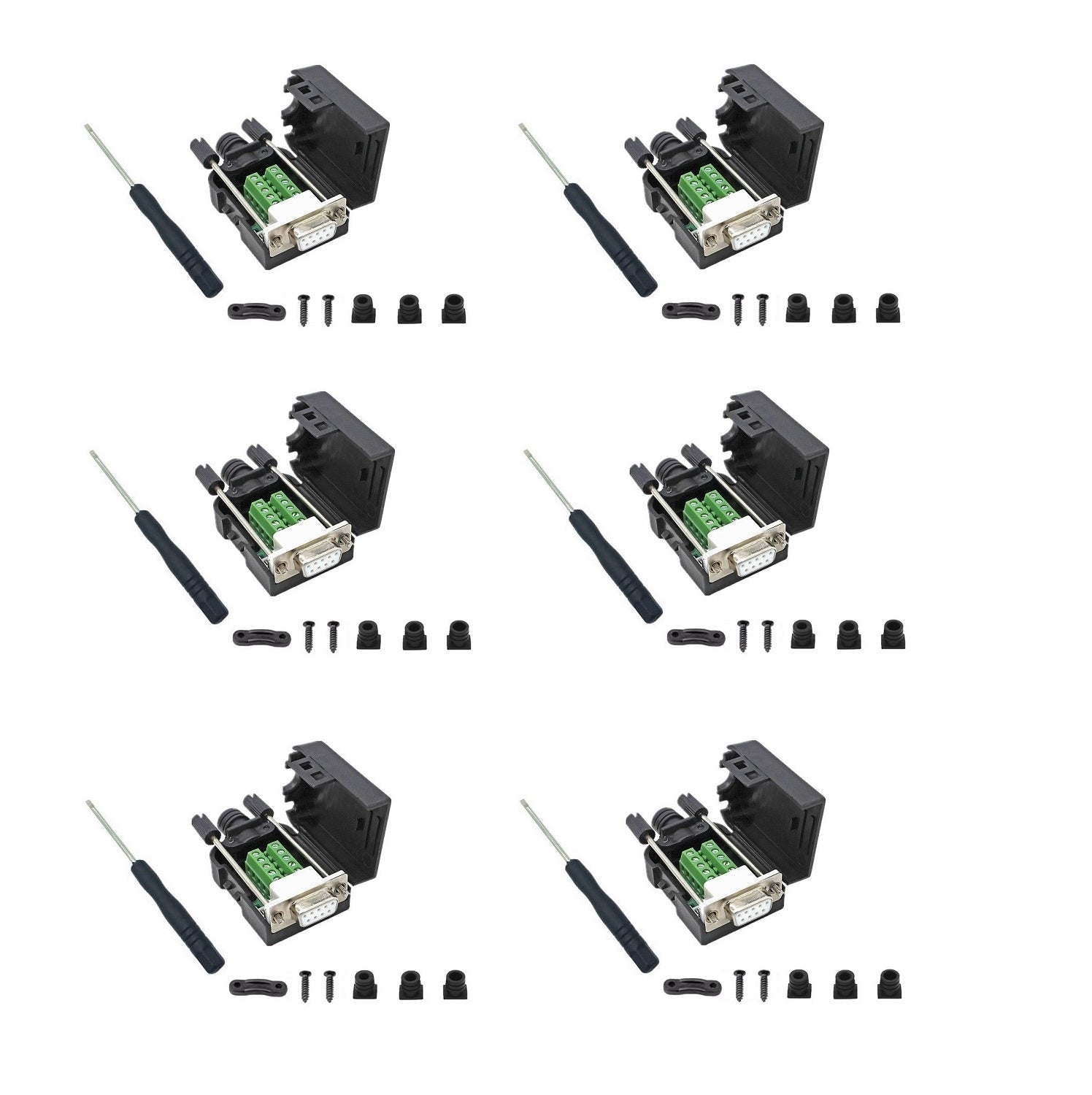 DB9 D-Sub Solderless Breakout Terminal Block Connector Kit - 6 Pack Female (DIY Electronics, RS232 Serial Port Projects, Industrial Automation)