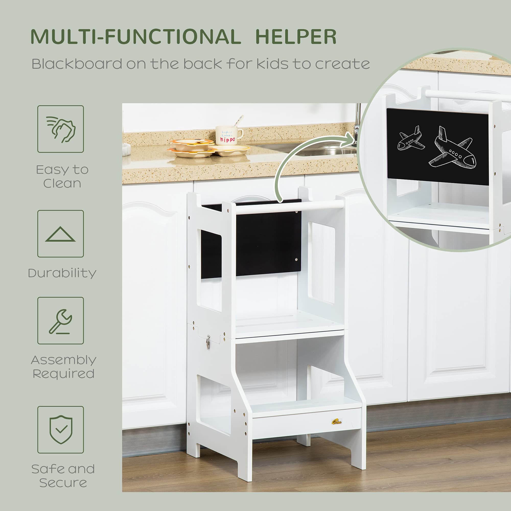 Qaba 2-in-1 Kids Kitchen Step Stool & Toddler Standing Tower with Chalkboard - Adjustable Safety Rail for Kitchen, Bathroom & Bedroom - White - Perfect for Cooking, Brushing Teeth & Reaching High Places