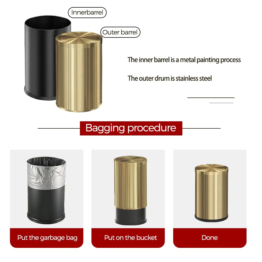 9 Liter/2.4 Gallon Small Gold Trash Can with Swing Lid - Brass Bathroom Waste Bin for Bedroom, Office, Living Room & Restaurant - Elegant Garbage Can for Home and Commercial Use