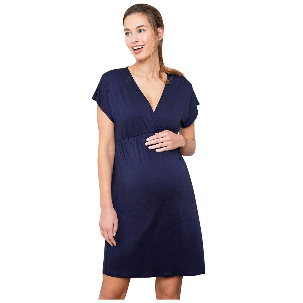 SRTUMEY Women's Maternity Dress - Short Sleeve V-Neck Nursing Dress for Pregnancy, Soft Pink Solid Color | Perfect for Breastfeeding, Maternity Photos & Everyday Wear