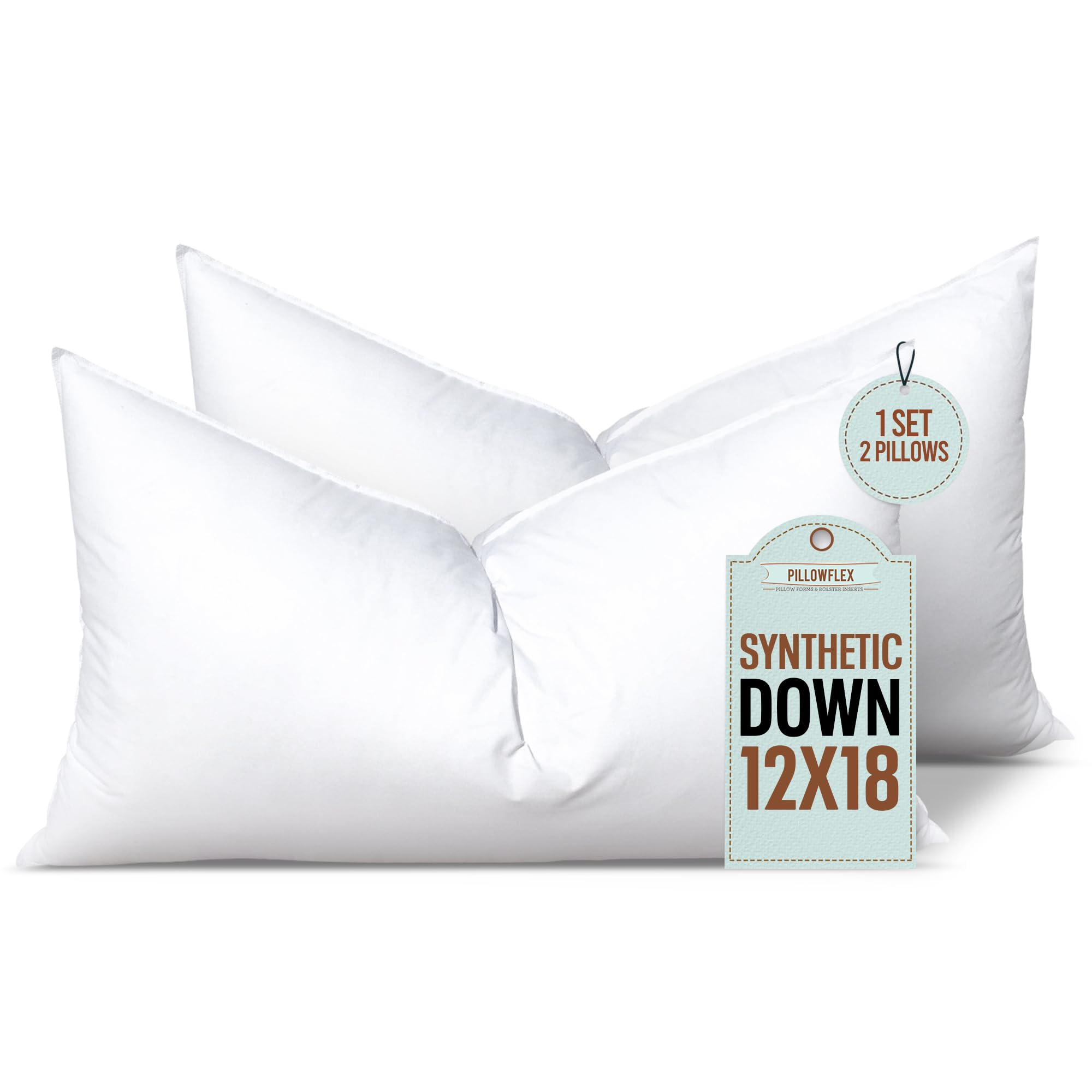 Pillowflex Synthetic Down Alternative Pillow Set - 2 Pack Plush & Soft Faux Down Throw Pillow Inserts 12x18 Inches for Bed, Sofa & Couch - Perfect for Sleeping, Decor & Comfort