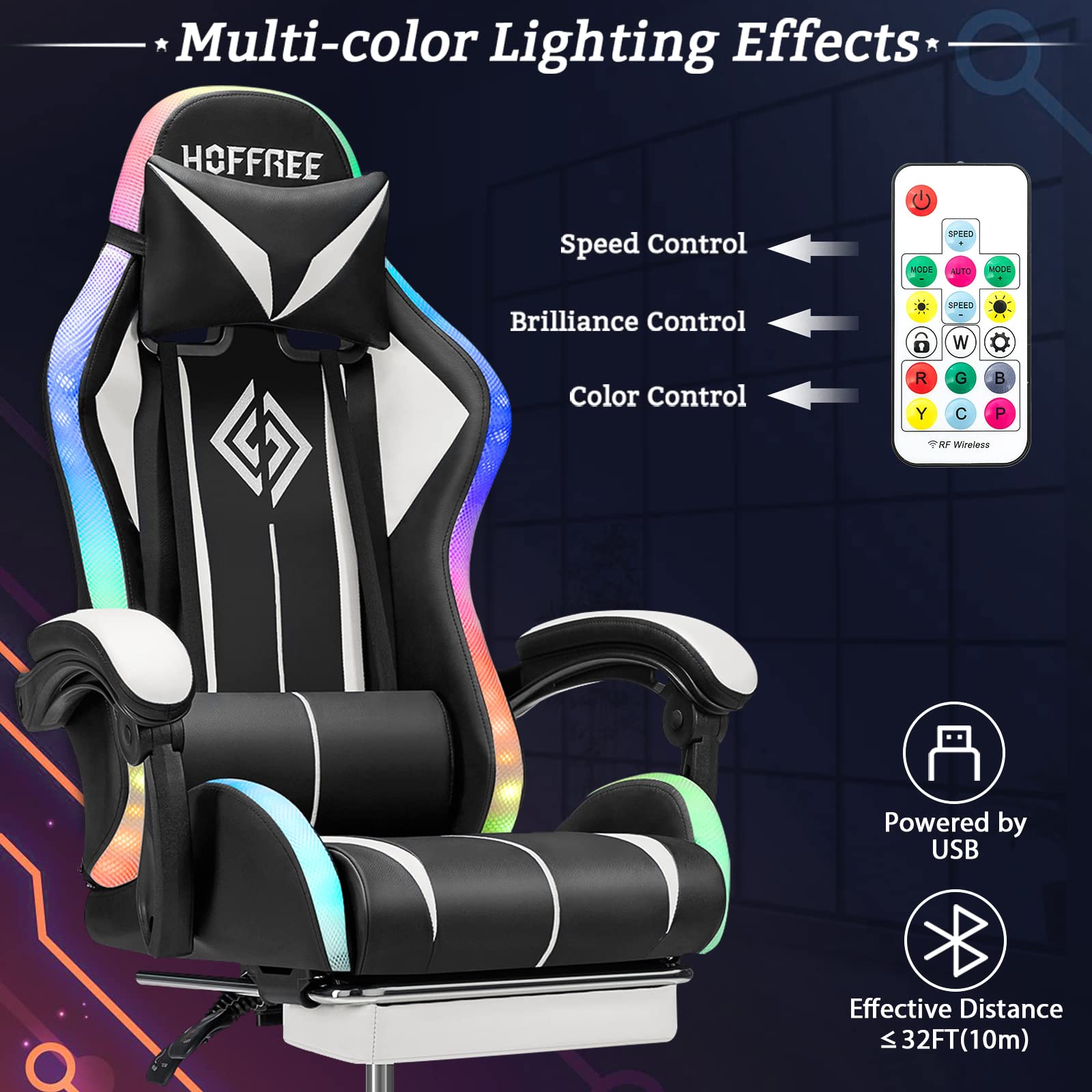Ergonomic Gaming Chair with Built-in Speakers, RGB LED Lights & Massage - High Back Computer Chair with Adjustable Lumbar Support & Footrest - Perfect for PC Gaming, Streaming & Home Office (White & Black)