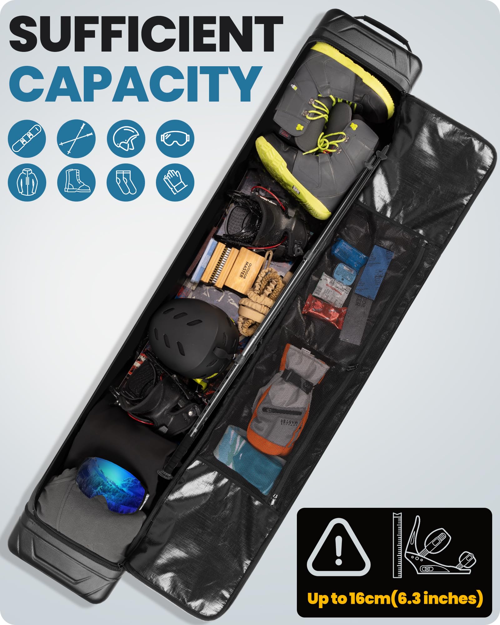 OutdoorMaster Snowboard Travel Bag with ABS Hard Shell & Water Resistant Lining - Padded Protection for Snowboards - Perfect for Air Travel, Mountain Trips & Winter Sports Gear Storage