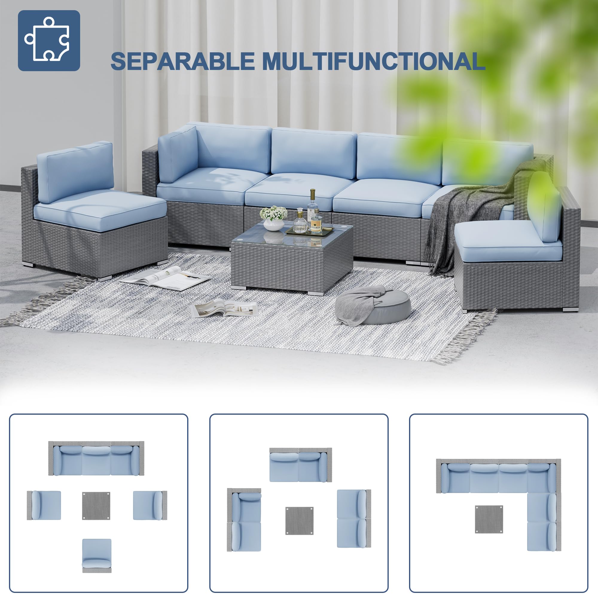 SUNCROWN 7-Piece Outdoor Patio Furniture Set - Grey Wicker Sectional Sofa with Coffee Table & Light Blue Cushions - Perfect for Backyard, Garden, Poolside & Patio Conversations