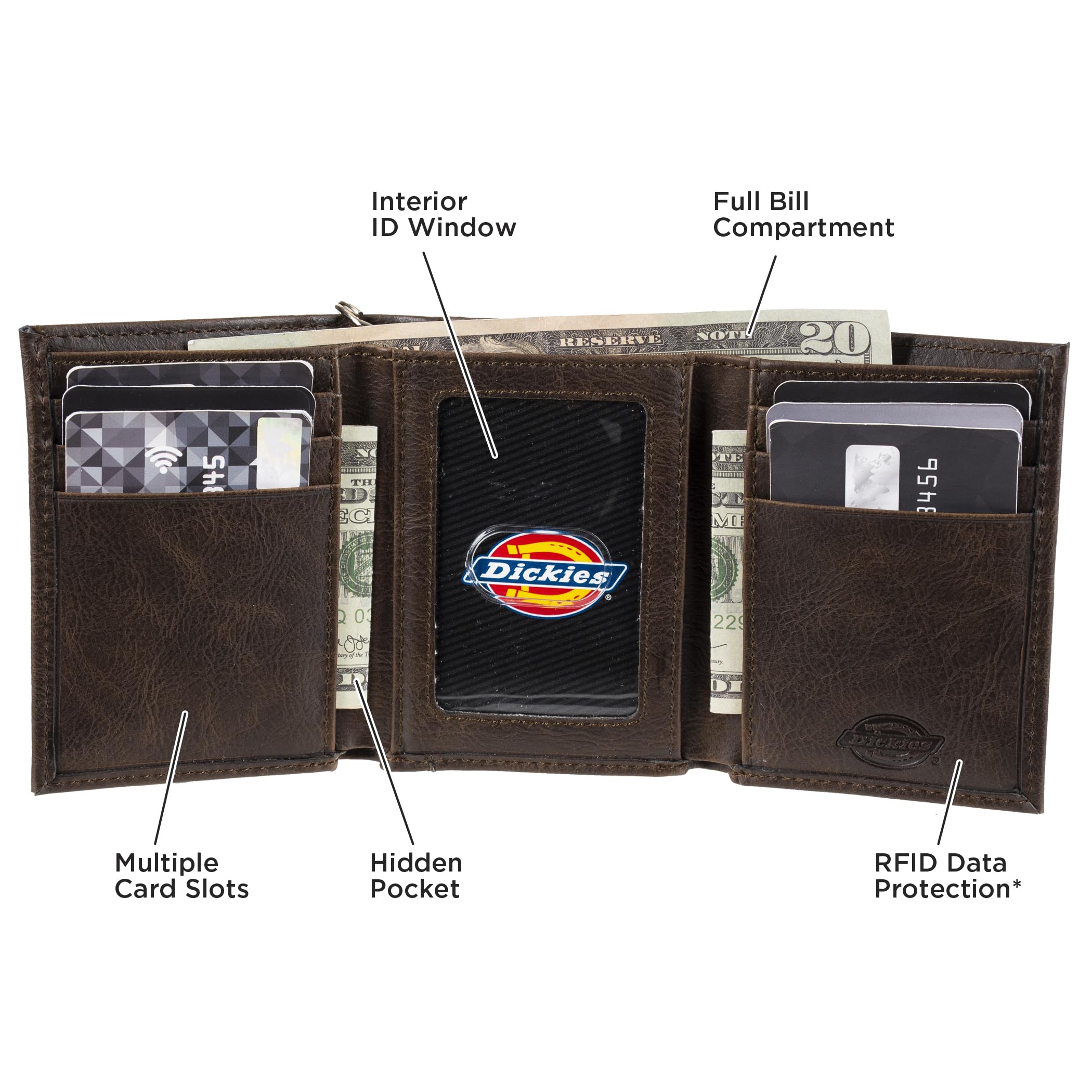 Dickies Men's Leather Trifold Wallet - Genuine Brown Leather RFID Blocking Bifold Wallet for Men - Perfect for Everyday Use, Travel & Business