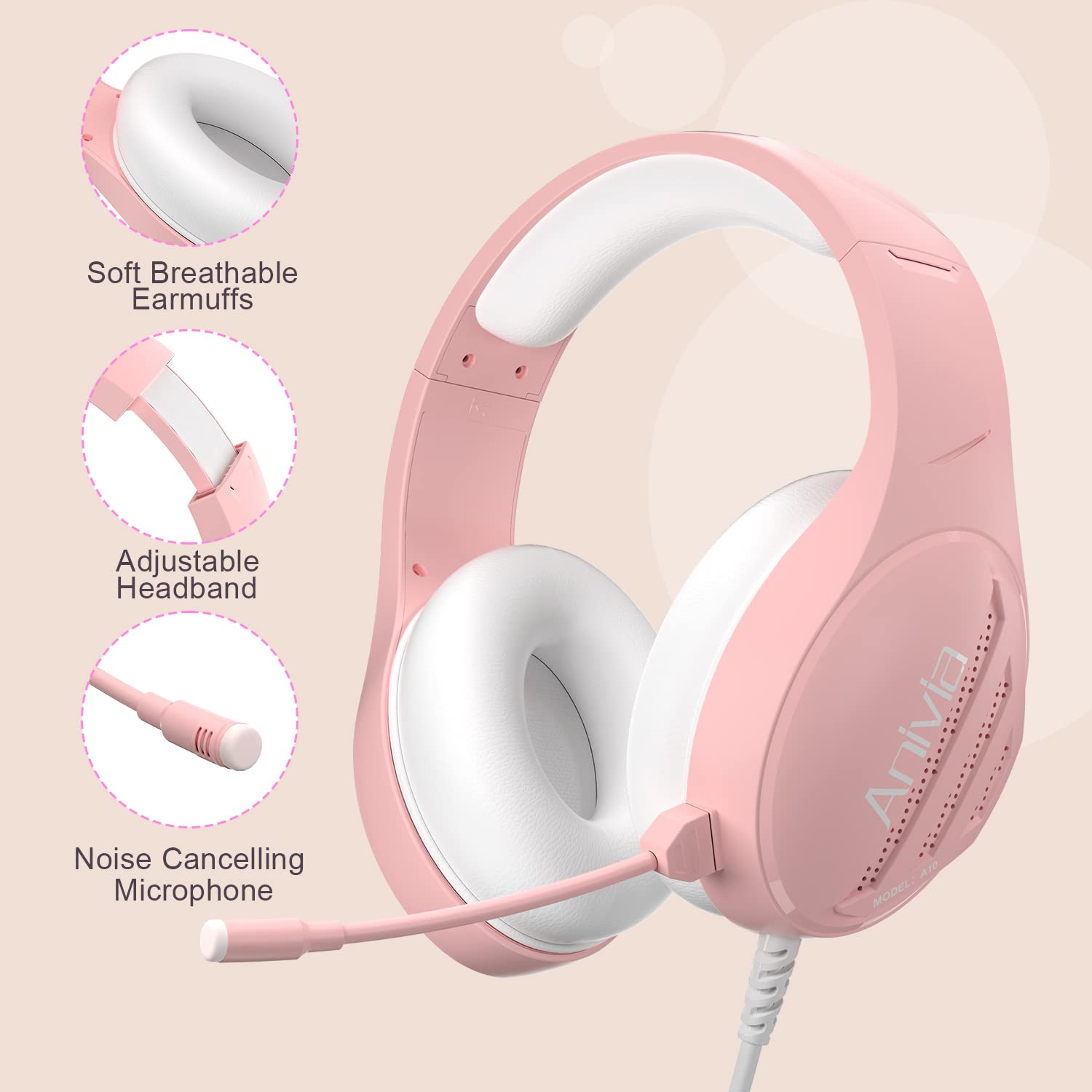 Anivia Stereo Gaming Headset with Mic for PC, PS5, Xbox - Pink for Immersive Play