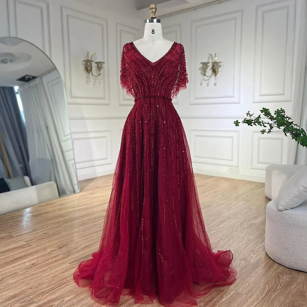 Serene Hill Luxury Dubai Red A-Line Elegant Evening Dress with Half Sleeves and Beading for Women - Perfect for Weddings, Parties & Special Occasions in 2025 (Style LA70458)