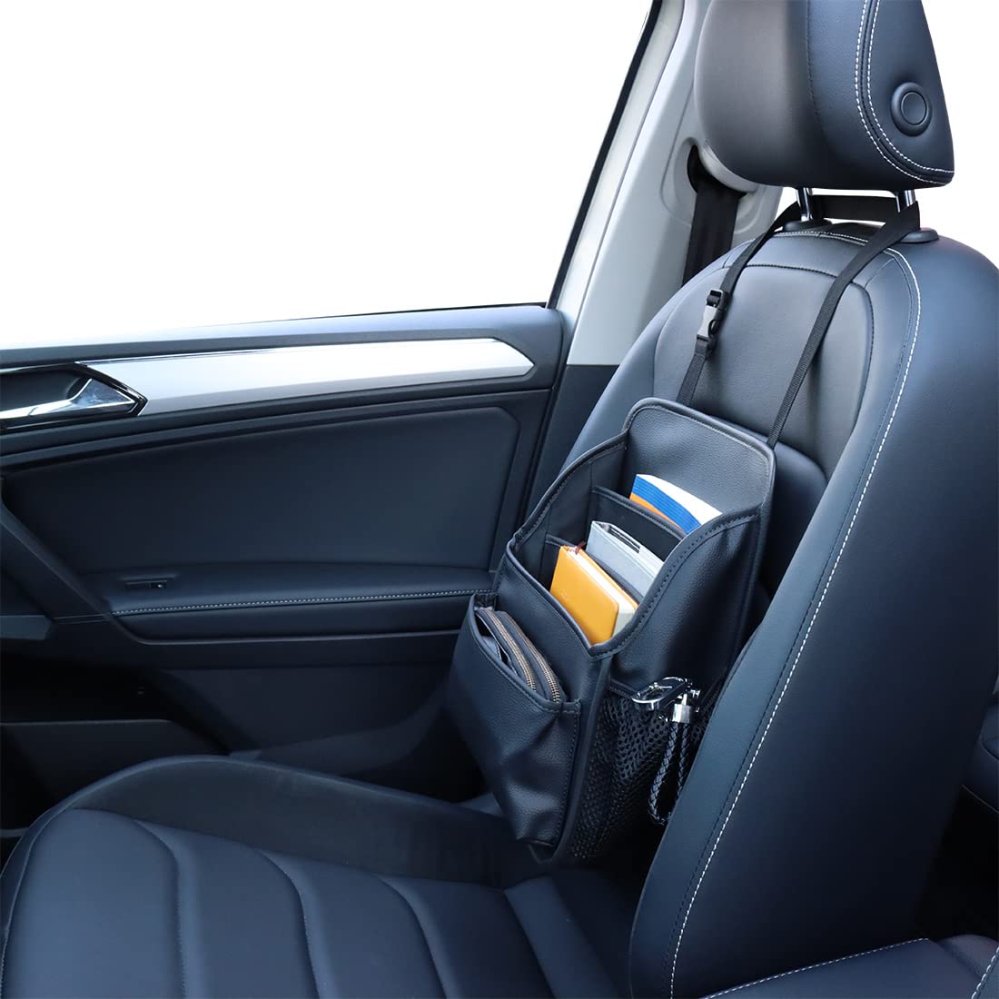 Premium Leather Front Seat Organizer with Adjustable Strap - Large Car Storage Bag with Multiple Compartments, Mesh Pockets & Cup Holders for Passenger Seat (Black) | Perfect for Road Trips, Commuting & Family Travel