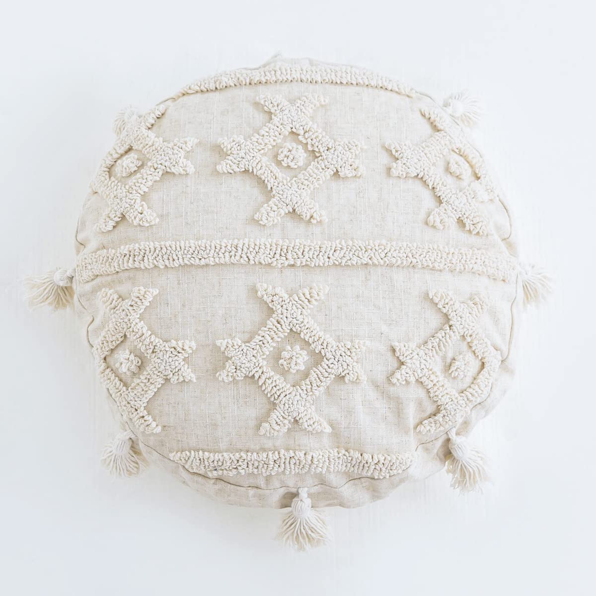 Lemfux Moroccan Tufted Round Throw Pillow Cover 18 Inch - Handmade Luxury Cushion Case with Retro Embroidery Diamond Pattern & Tassels for Sofa, Bed, Chair - Home Decor Accent Pillow (Beige, 1 Piece)