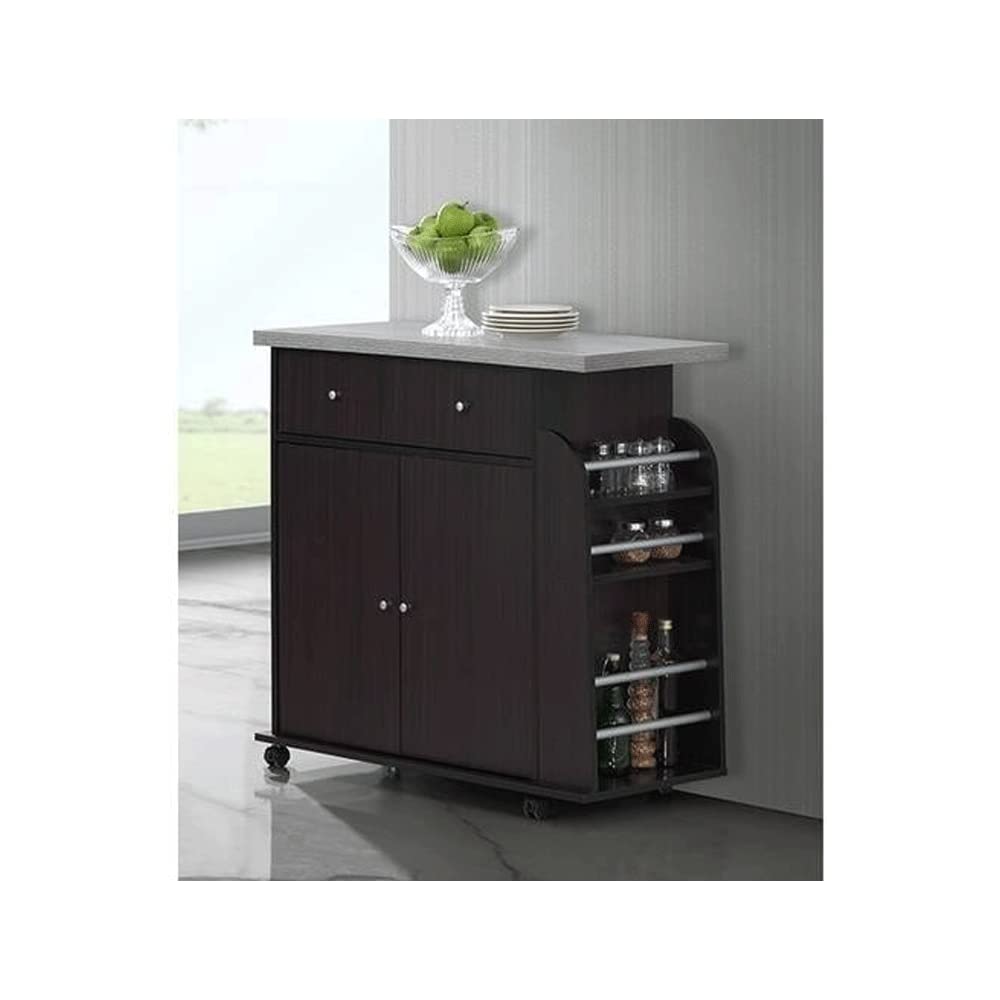 Industrial Kitchen Island Cart on Wheels - 2 Drawers, 2 Cabinet Doors & Spice Rack - Dark Brown Mobile Kitchen Storage for Small Spaces - 16.5