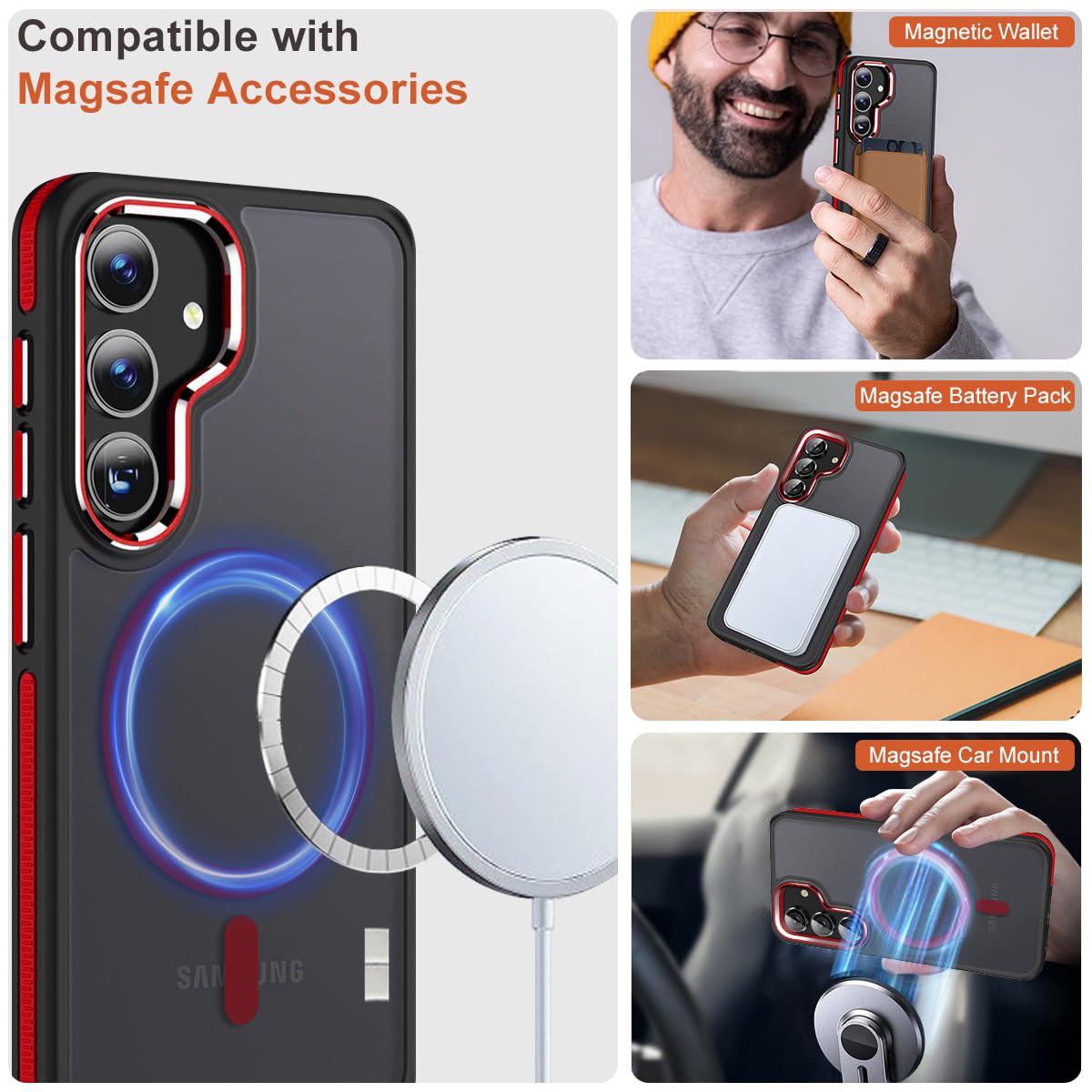 Magnetic Case for Samsung Galaxy S24+ Plus 5G - Magsafe Compatible, Military Grade Drop Protection, Anti-Slip Soft TPU Edge Phone Cover (Black/Red) - Perfect for Work, Travel & Outdoor Activities