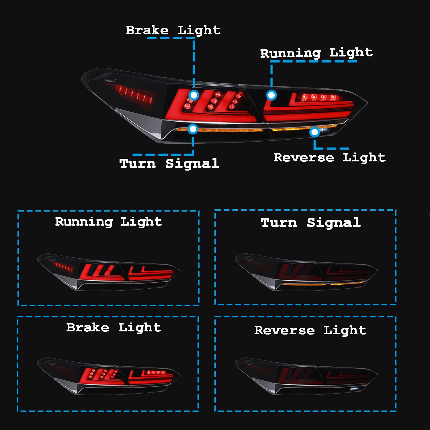 Inginuity Time LED Tail Lights for Toyota Camry 2018-2023 - Smoked Rear Lamps with Start Up Animation, DRL, Brake & Turn Signal Assembly | Enhanced Visibility & Style for Night Driving & Custom Car Look