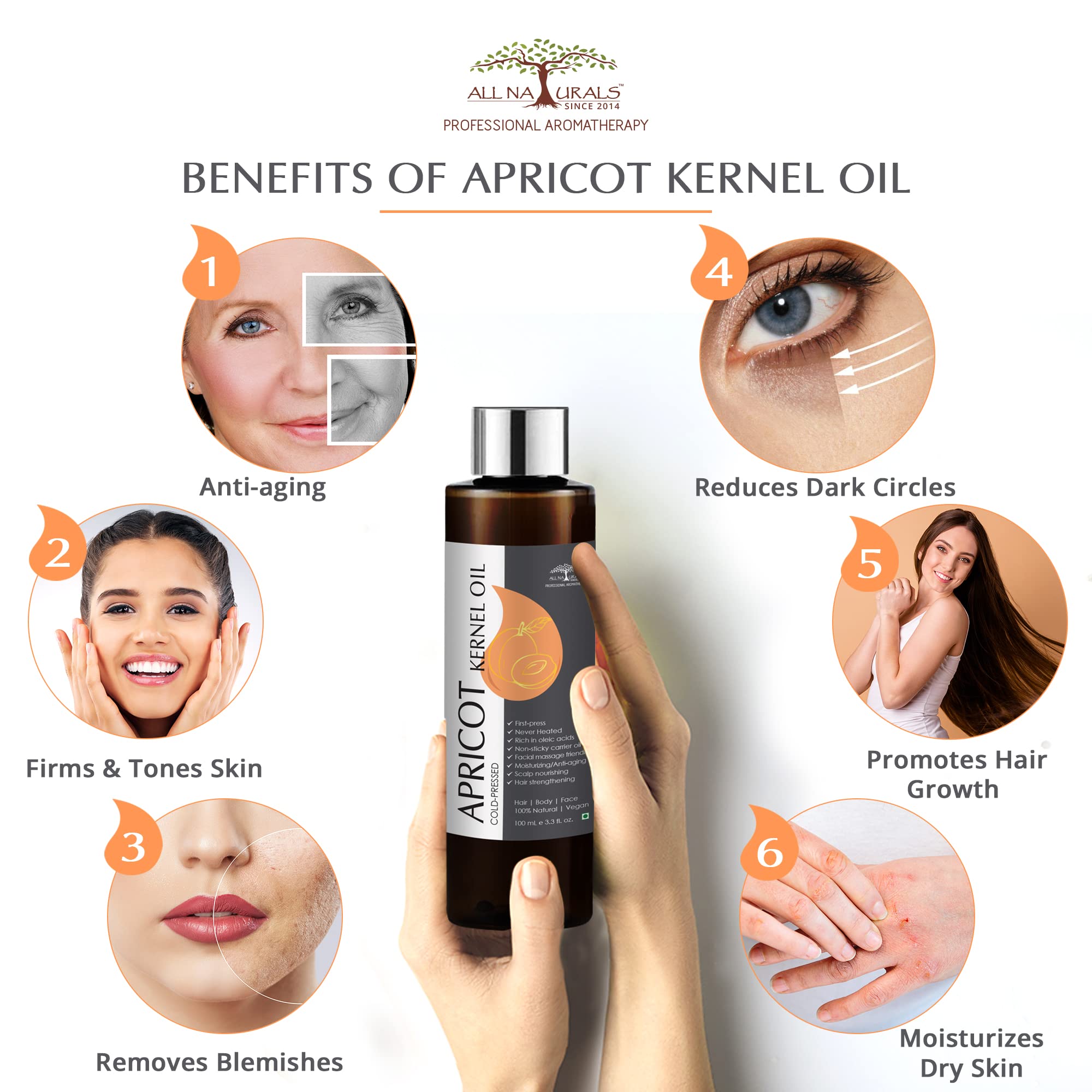 Organic Cold-Pressed Apricot Oil for Face, Hair & Body - 100% Pure, Natural, Anti-Aging, Promotes Hair Growth & Shiny Nails - 3.4 fl oz (100ml) - Ideal for Skincare, Haircare & Massage Therapy
