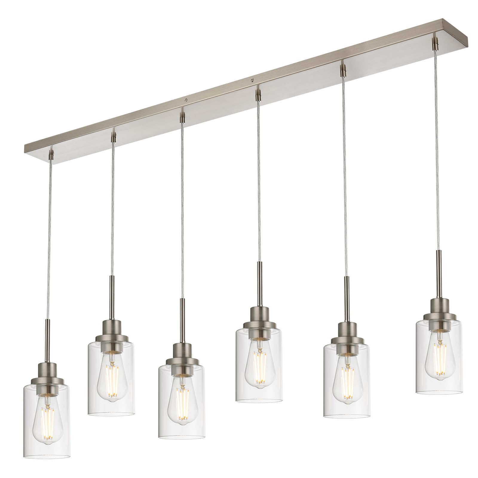 6-Light Brushed Nickel Pendant Lighting for Kitchen Island - Adjustable Hanging Wire & Clear Glass Shades - Perfect for Dining Room, Bar Counter, and Modern Kitchen Decor