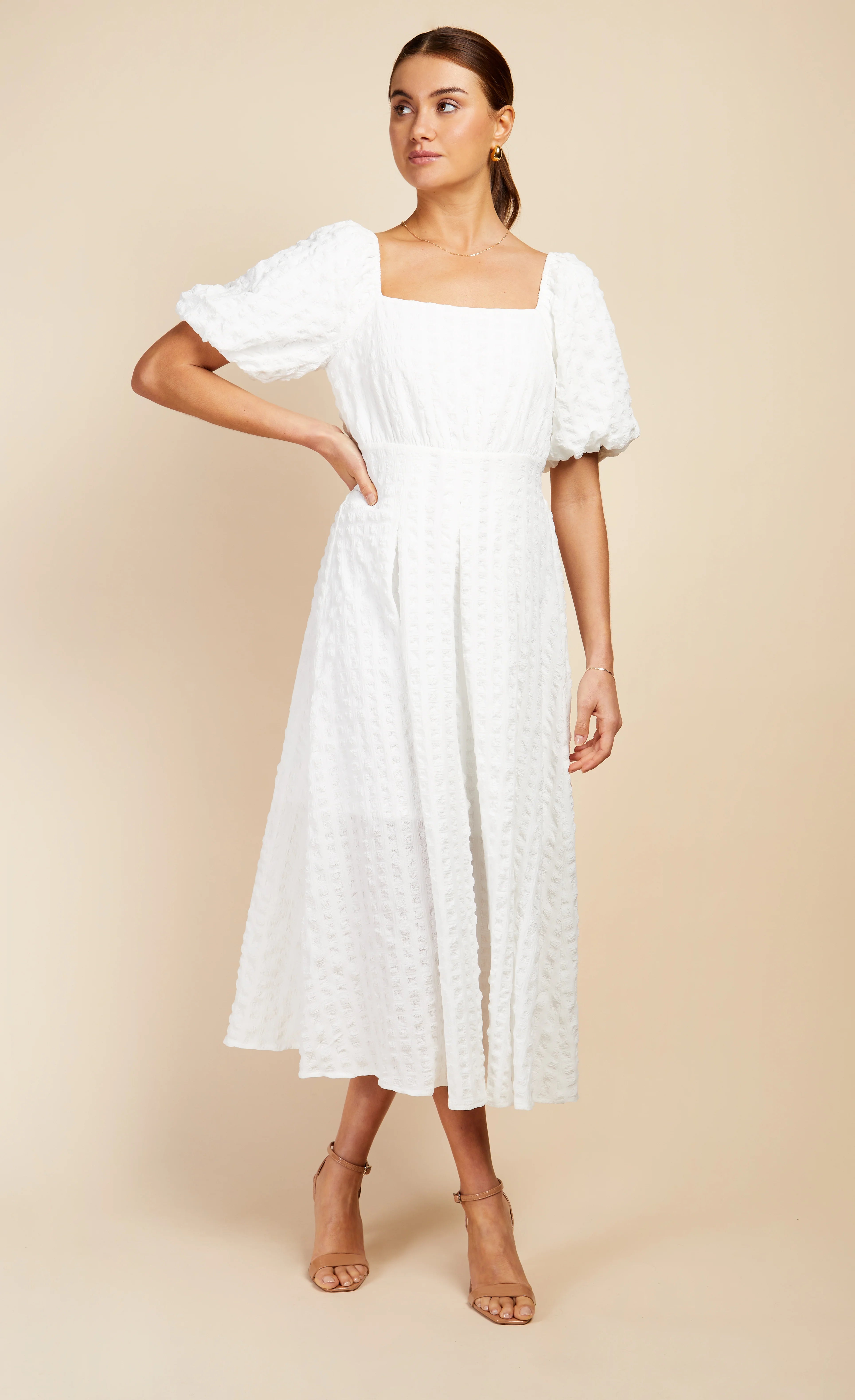 Diana Textured Puff Sleeve Midaxi Dress - Elegant White Midi Dress for Women | Perfect for Weddings, Parties & Special Occasions