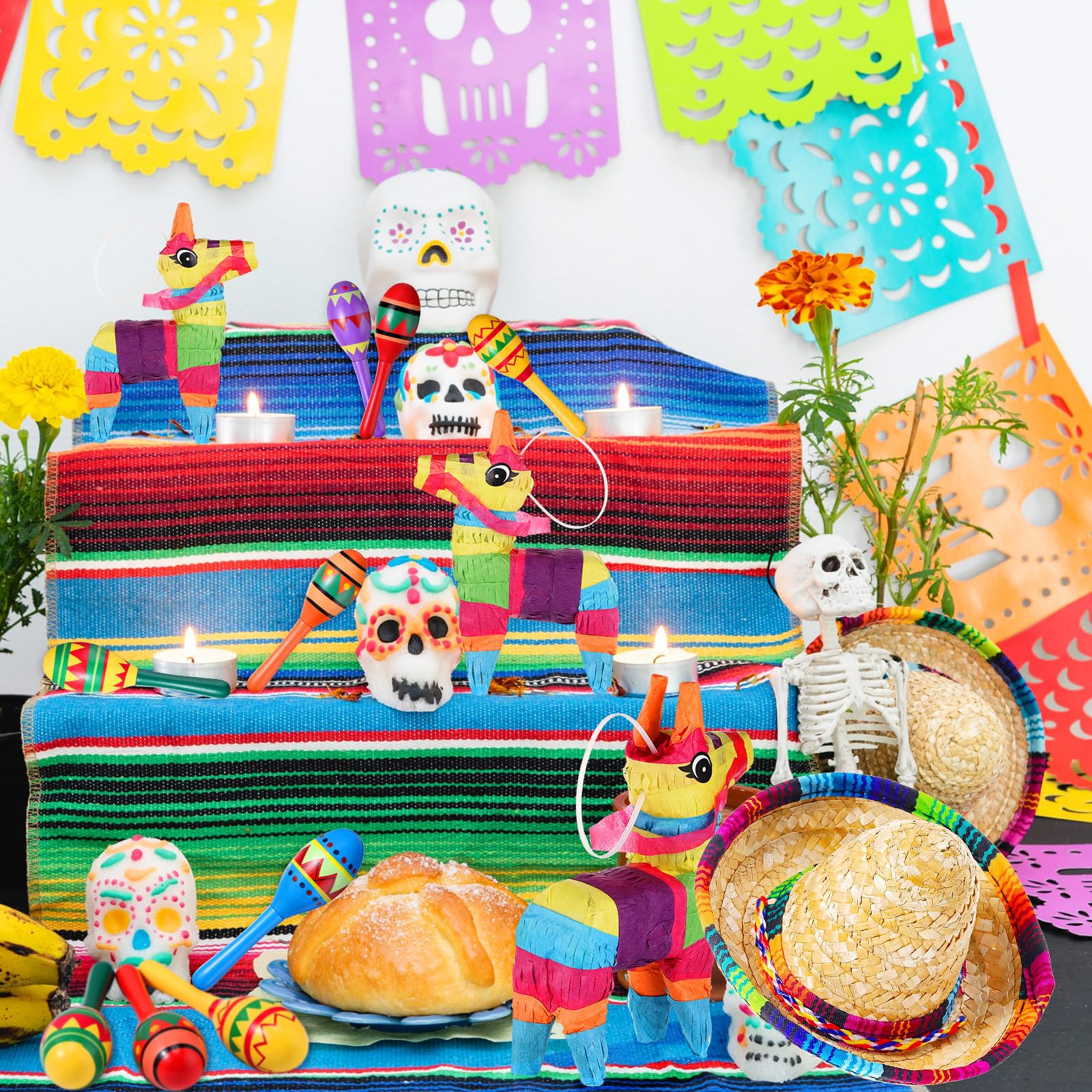24 Pcs Mexican Fiesta Party Decorations Set - Mini Donkey Piñata, Wooden Maracas, Sombrero Hats for Cinco De Mayo, Birthday & Fiesta Supplies - Perfect for Kids Parties, Themed Events & Home Decor