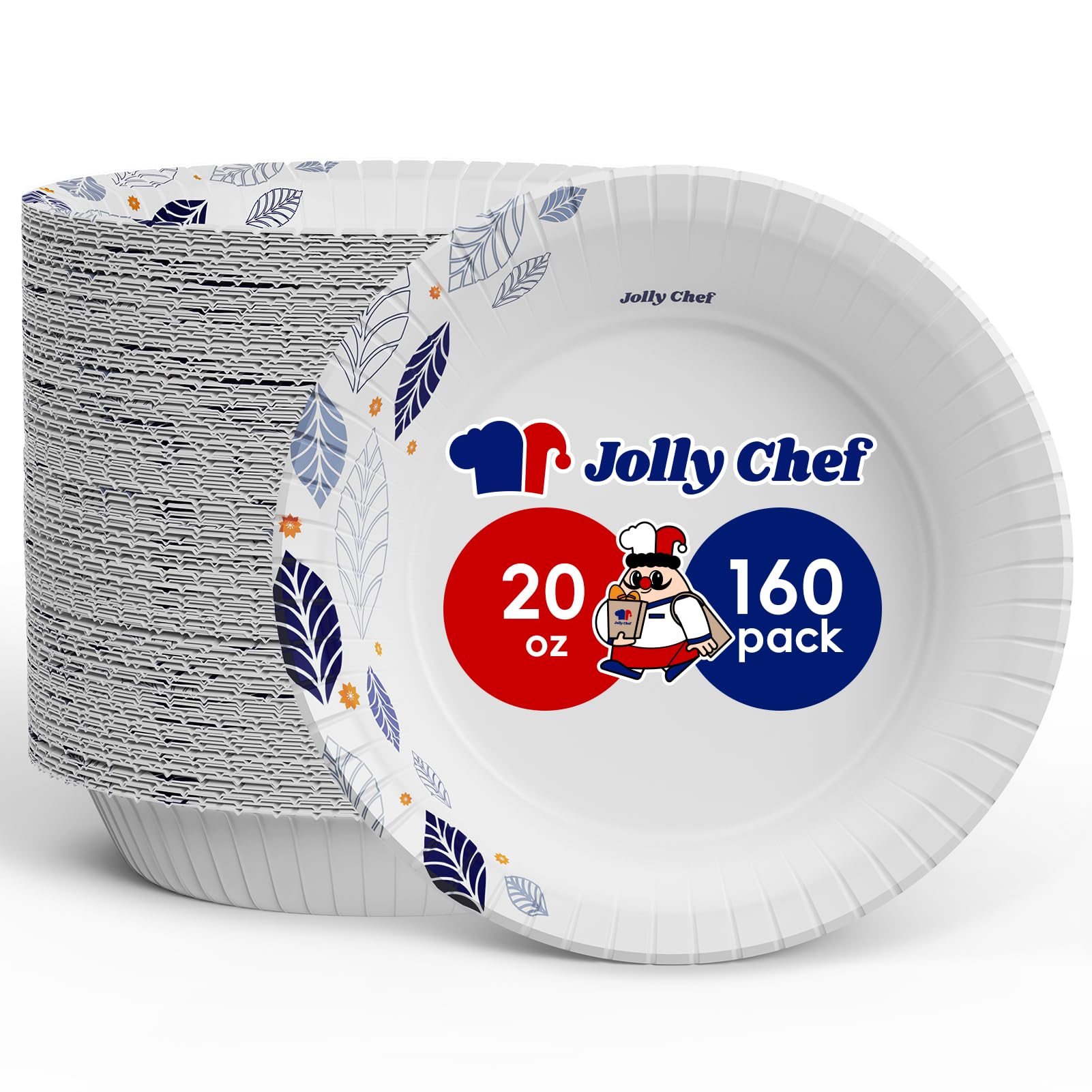 JOLLY CHEF 160-Pack 20oz Disposable Paper Bowls - Leak Proof & Microwave Safe Heavy Duty Leaf Design - Eco-Friendly Party, Picnic, Camping & Takeout Bowls for Dinner, Lunch & Events
