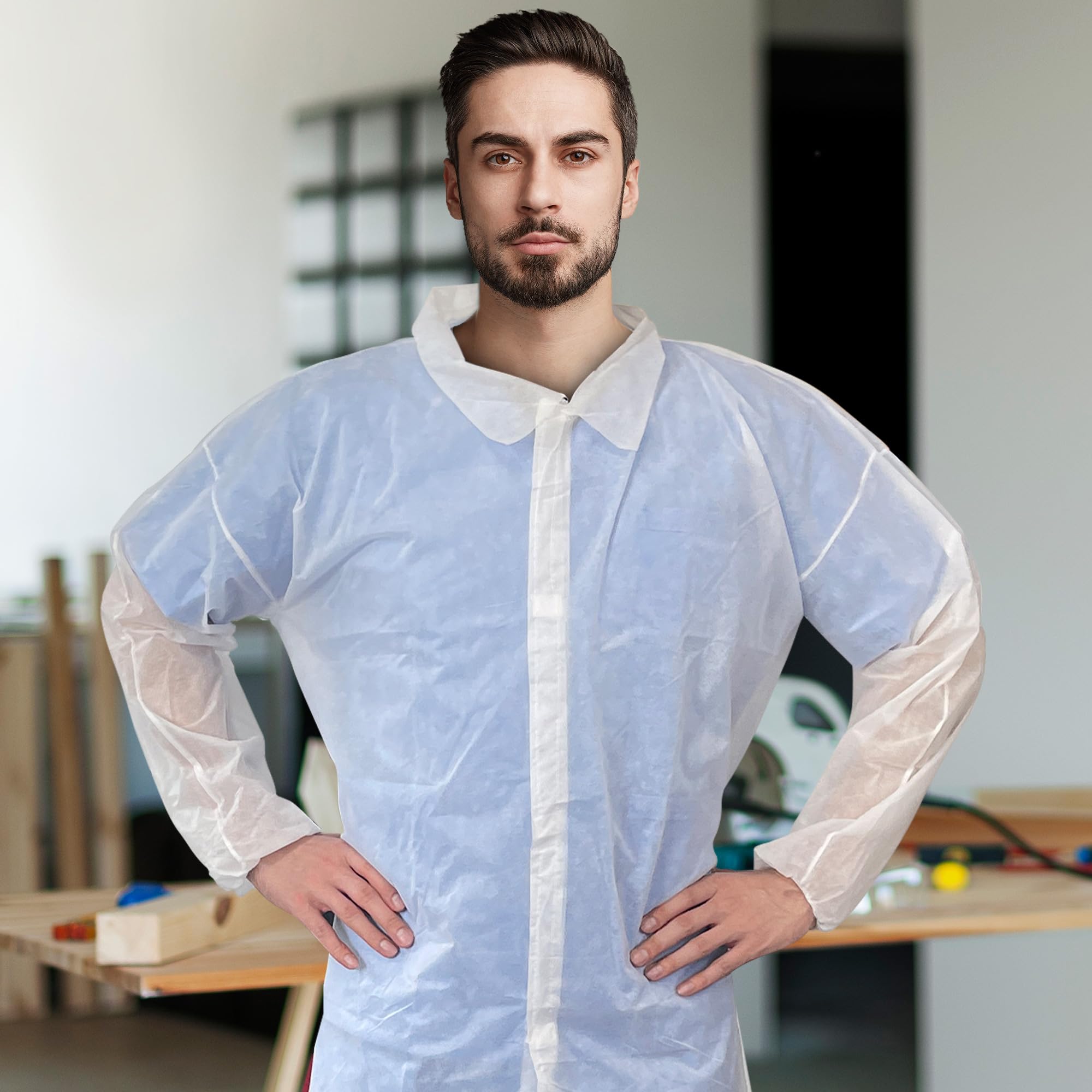 Disposable Lab Coats for Adults - 3X-Large, Pack of 25 White Polypropylene Medical Coats (30 GSM) with Elastic Cuffs & 4 Snaps - Ideal for Healthcare Workers, Laboratories, Cleanrooms & Food Service Industry