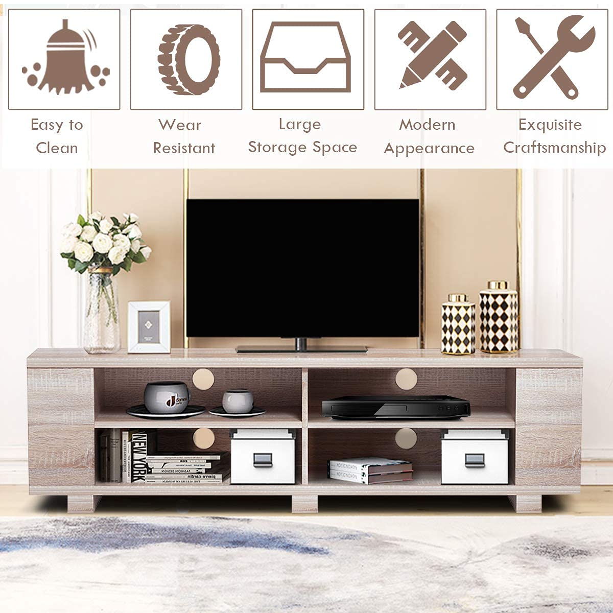 Modern Wood TV Stand for 65-Inch TVs - Universal Entertainment Center with 8 Open Storage Shelves - Stylish Living Room Furniture for TV, Gaming & Media Storage (Natural Wood Finish)
