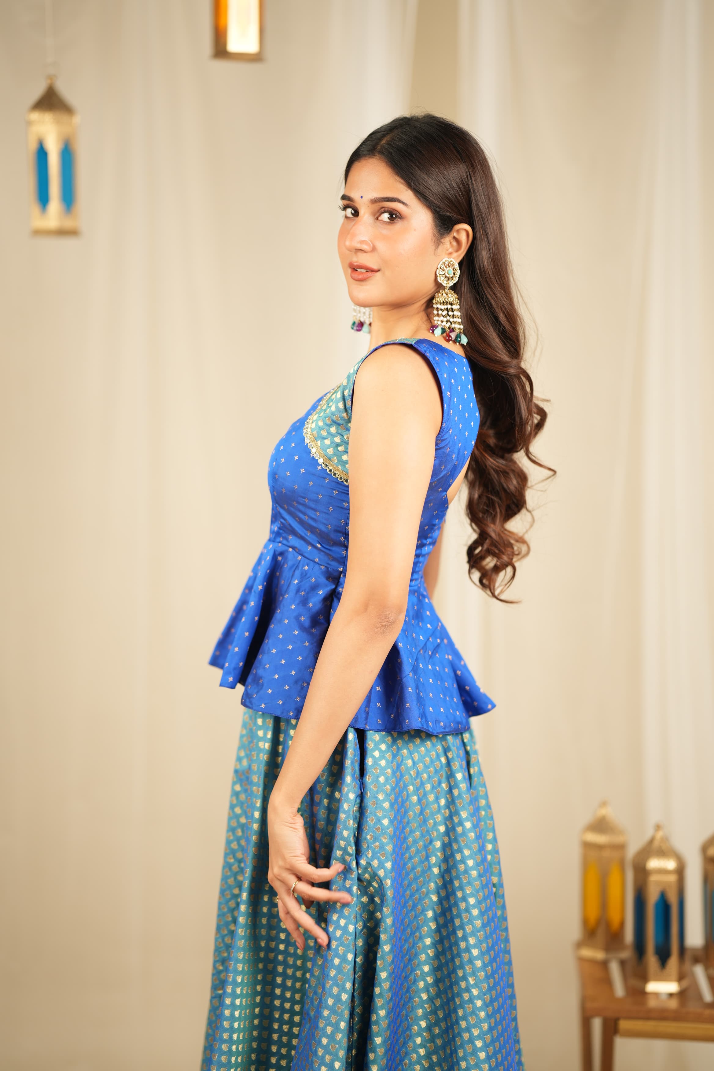 DD633 Megha Premium Banaras Peplum Top and Skirt Set - Elegant Indian Ethnic Wear for Women, Perfect for Weddings, Festivals & Special Occasions