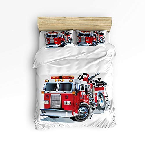 Funy Decor Cars Bedding Set - Full Size Cartoon Fire Truck Themed 4-Piece Duvet Cover Set for Kids, Teens & Adults | Soft & Comfortable Red Bedspread | Perfect for Boys' Room, Nursery Decor or Gift Idea