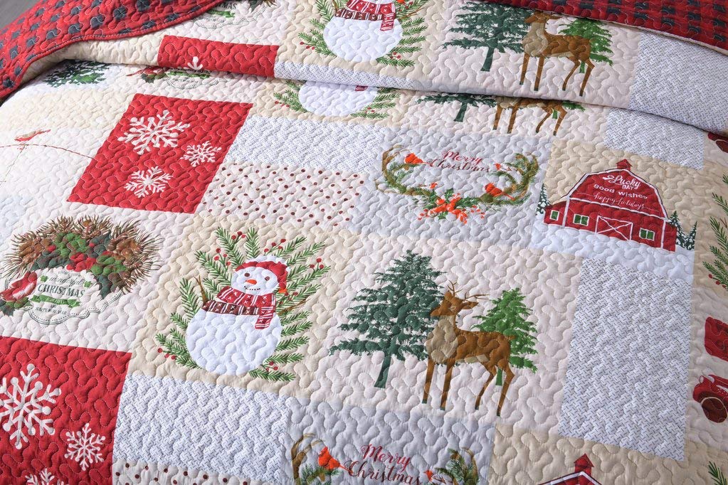 MarCielo 3-Piece Christmas Quilt Set - Rustic Lodge Deer Pattern Lightweight Bedspread, Throw Blanket & Coverlet Comforter Set (Good Wishes, King Size) for Cozy Winter Nights & Holiday Home Decor