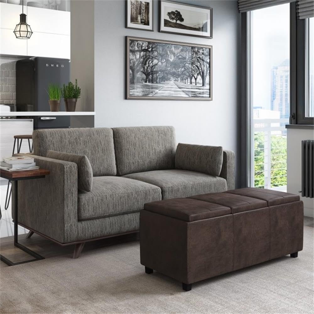 Trent Home Faux Leather Storage Ottoman - Distressed Brown, Multi-Functional Footrest & Seat with Hidden Storage | Perfect for Living Room, Bedroom & Home Office