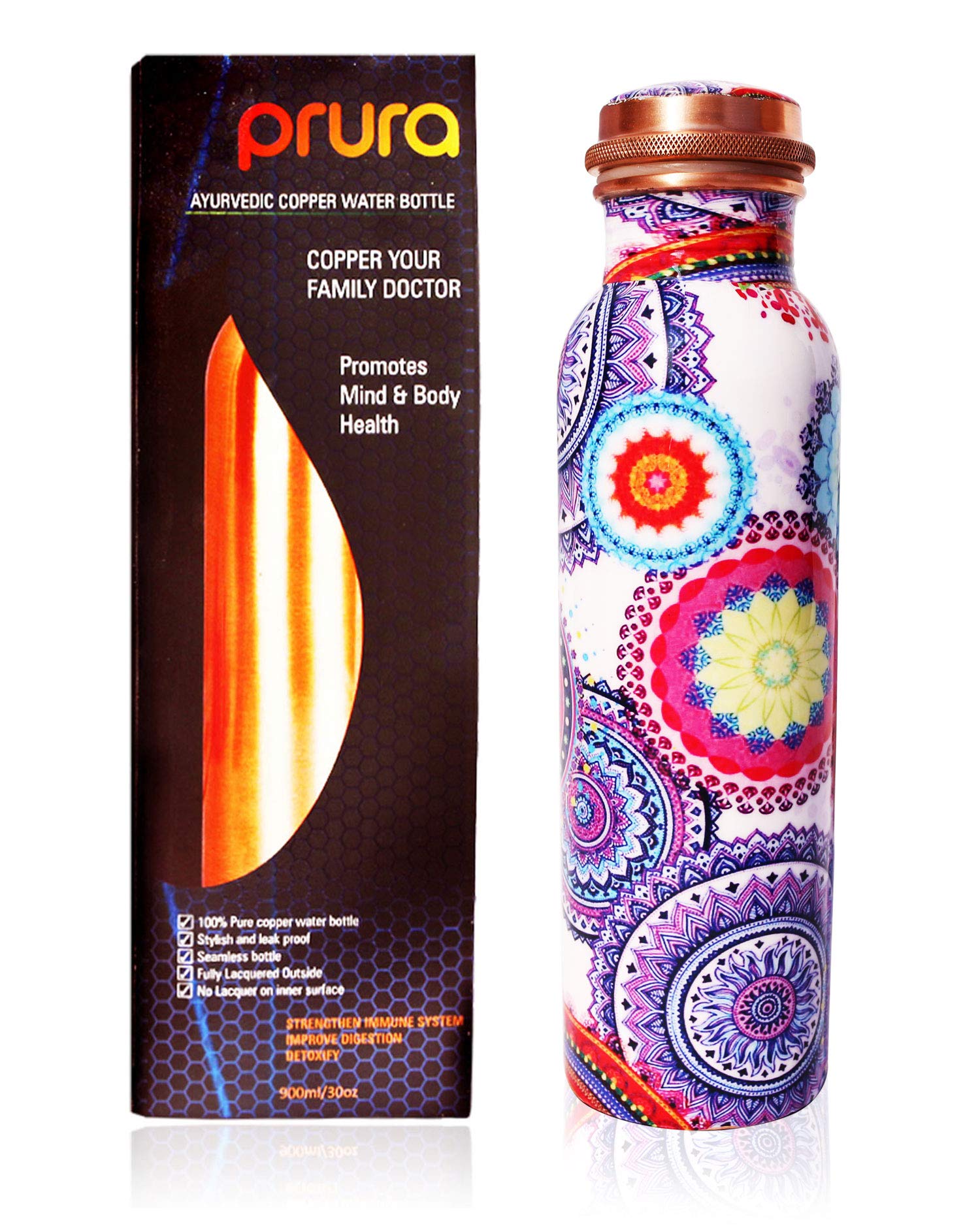 PRURA Pure Printed Copper Water Bottle - 30oz Leak Proof Ayurvedic Copper Vessel for Hydration | Health Benefits, Gym, Yoga & Outdoor Activities | BPA-Free Reusable Drinkware for Sports, Travel & Daily Wellness