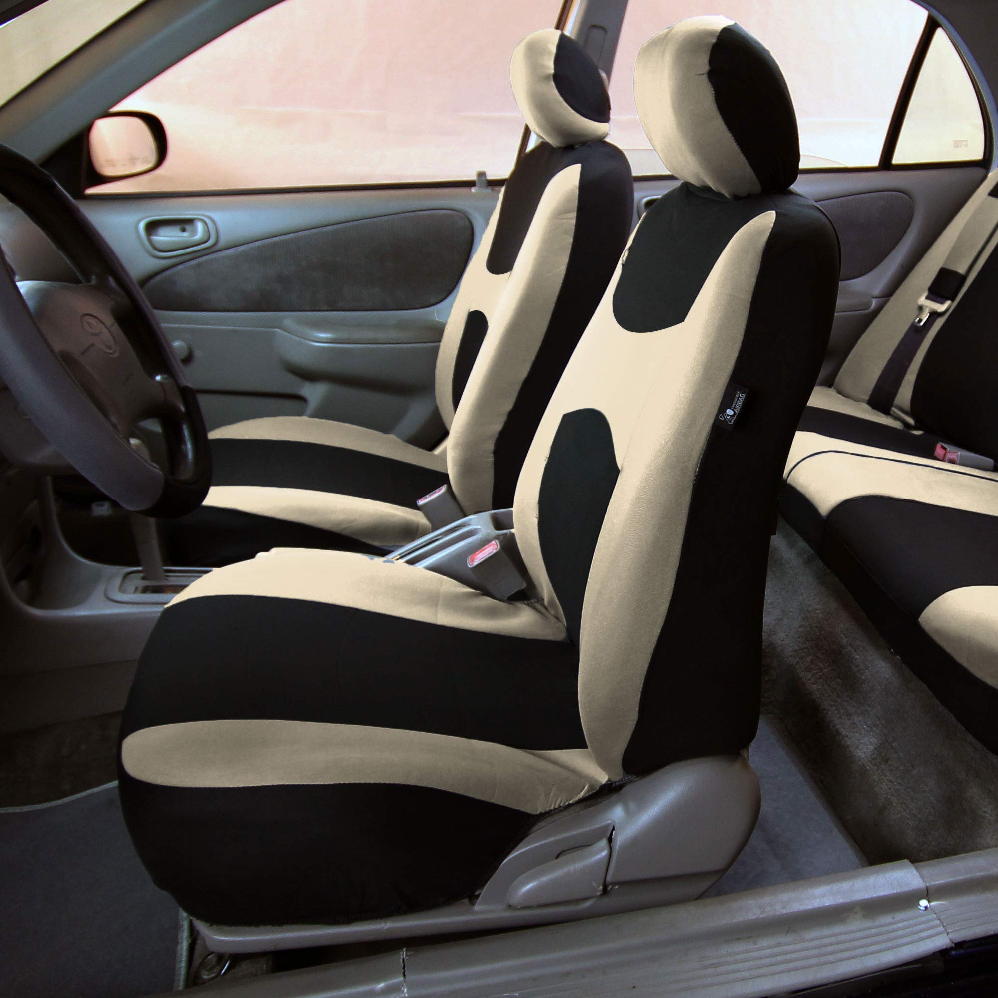 FH Group Universal Fit Car Seat Covers with Airbag Compatibility - Full Set of Breathable Flat Cloth Seat Protectors & Car Floor Mats Combo (Beige) | Perfect for SUVs, Sedans, and Trucks | Interior Protection & Comfort Upgrade