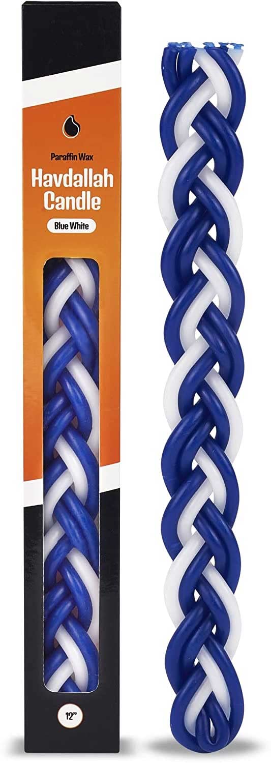 Premium Flat Braided Blue & White Havdalah Candle - 12 Inch Long with 6 Wicks - Handmade Shabbat Ceremony Candle for Jewish Traditions - Perfect for Havdalah Rituals & Sabbath Celebrations