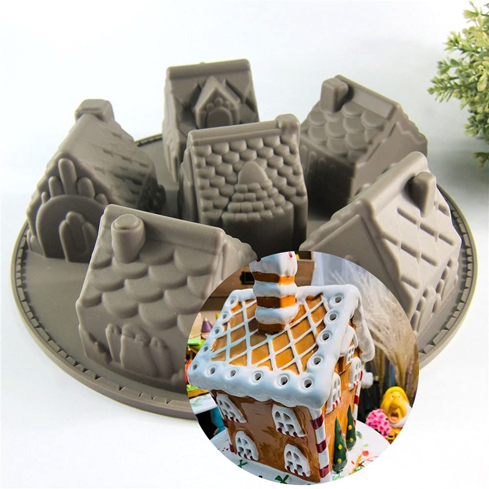 6-Cell Silicone Gingerbread House Mold for Baking Cupcakes, Ice Cubes, Chocolate, Jelly Candy & Handmade Soap | Nonstick, BPA-Free Christmas Baking Molds | Perfect for Holiday Treats, DIY Desserts & Festive Party Decorations