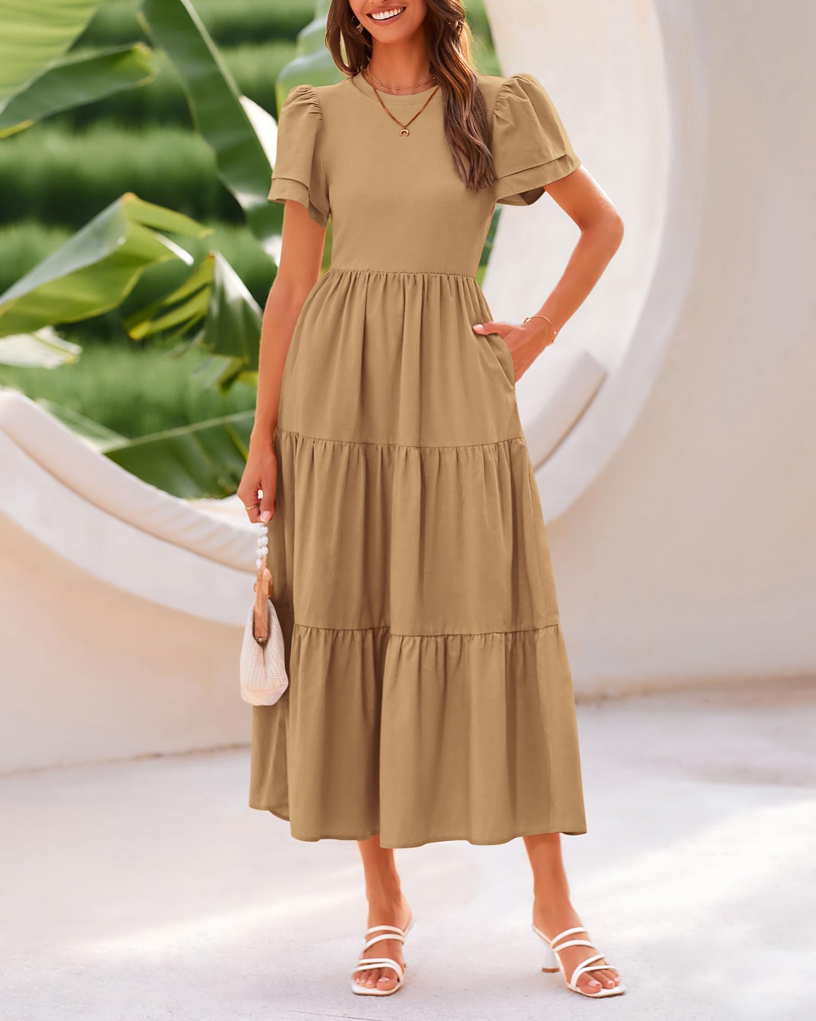 BTFBM Women's Casual Summer Dresses 2025 - Spring Crewneck Short Sleeve Tiered Flowy Boho Maxi Dress with Pockets for Beach Vacation, Party & Everyday Wear