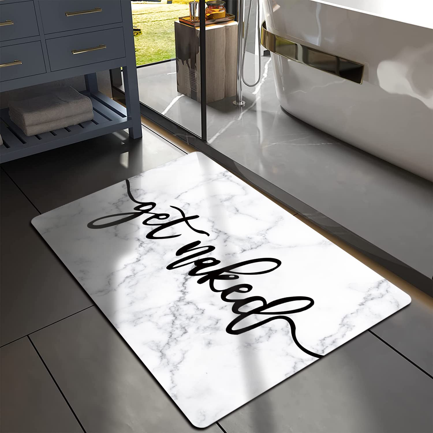 **MUGINYU Marble Quick Dry Bath Mat - Absorbent Non-Slip Bathroom Rug, Thin Fit Under Door for Bathtub, Shower & Sink - Perfect for Modern Bathrooms & Small Spaces**