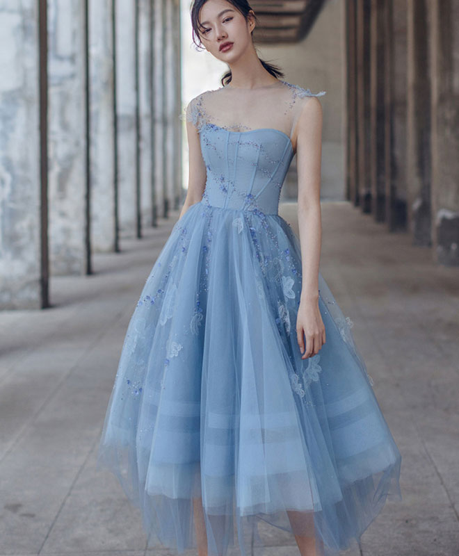 Elegant Blue Tulle Short Prom Dress with Lace Beading - Perfect for Homecoming, Prom Night & Special Occasions