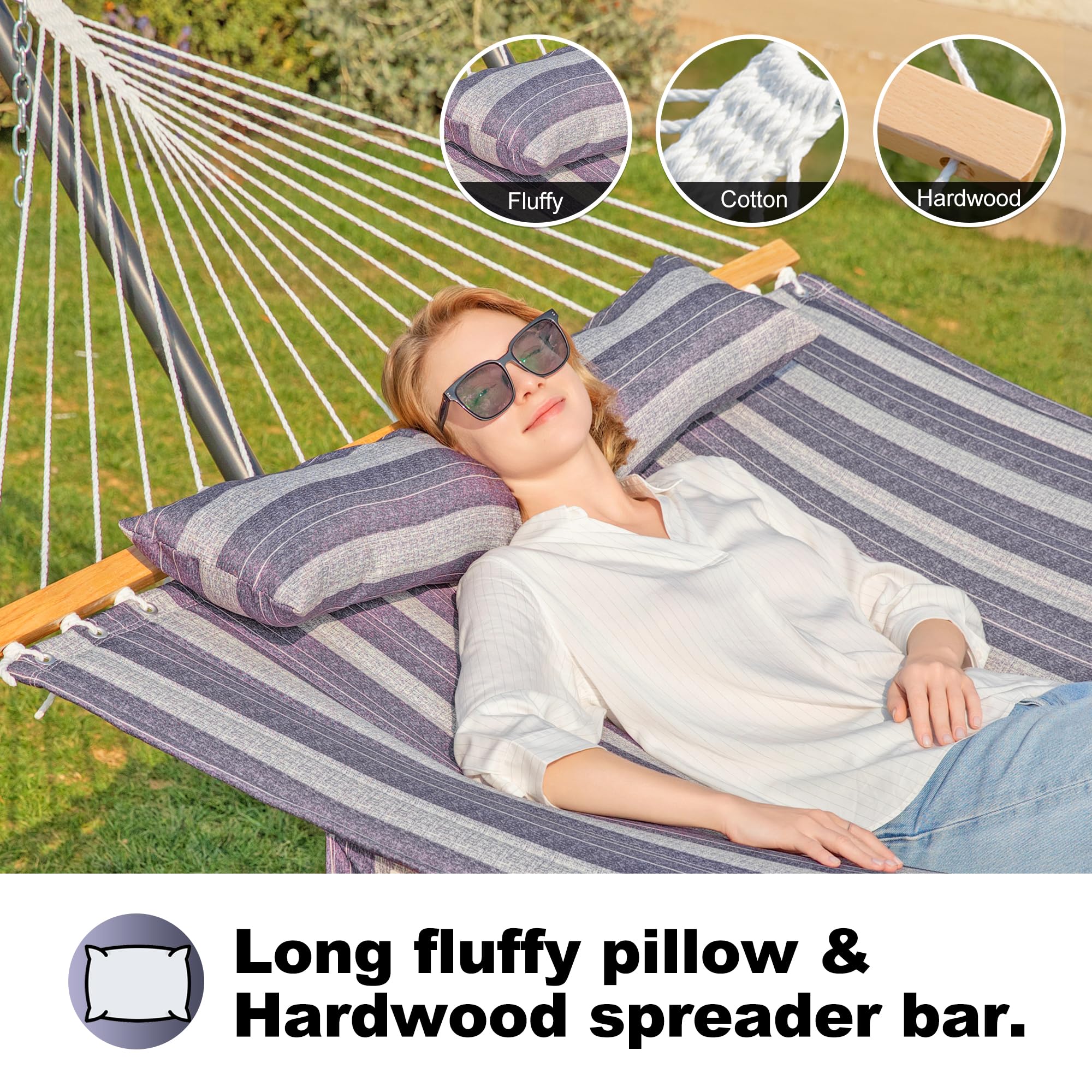 2 Person Hammock with Stand for Outdoor Camping & Backyard Relaxation - 12ft Heavy Duty Steel Frame, Double Hammock with Hardwood Spreader Bar, Large Removable Pillow & Side Pockets - Supports 475 lbs - Perfect for Patio, Garden, Beach & Camping Trips