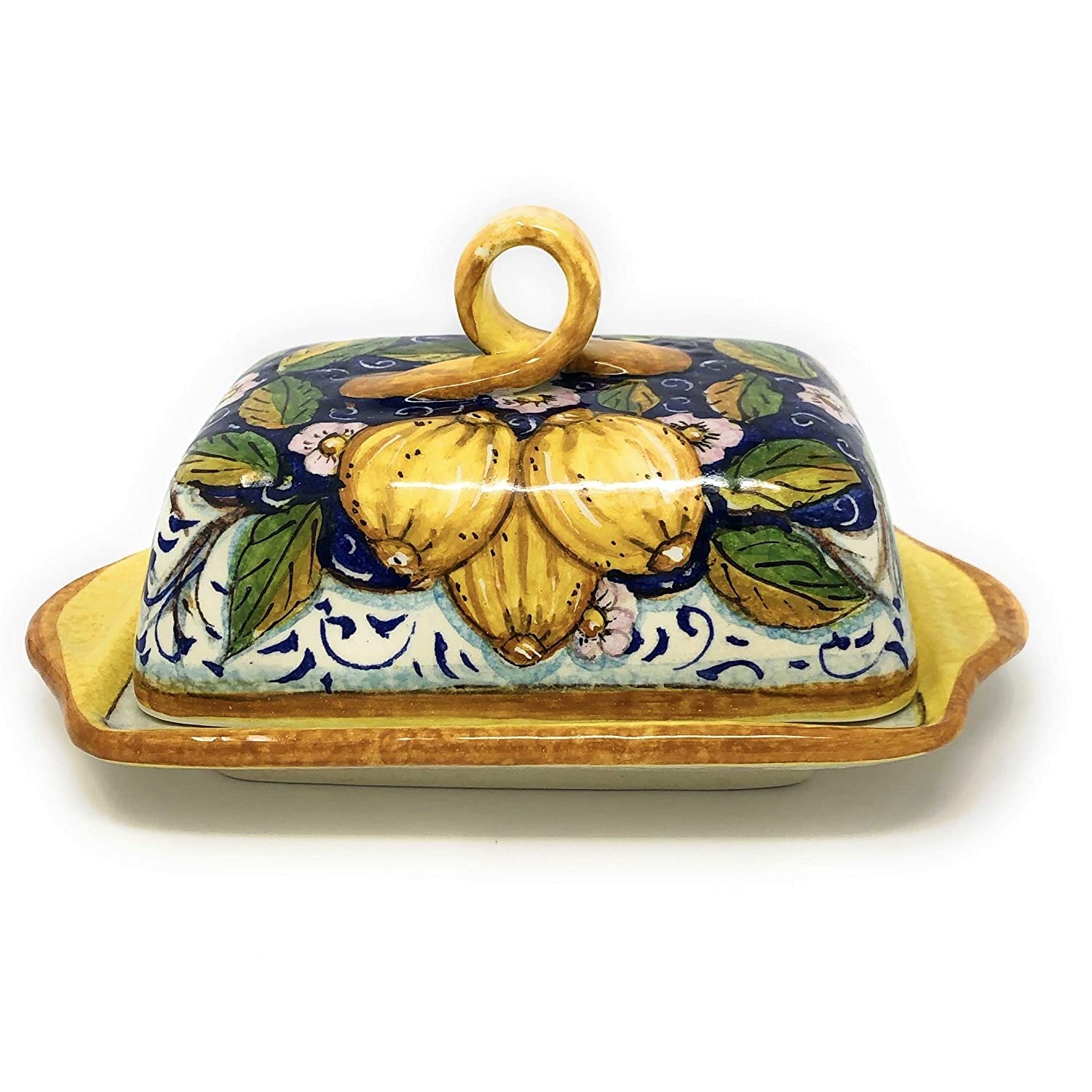 Hand-Painted Italian Ceramic Butter Dish with Three Lemons Design - Tuscan Art Pottery by CERAMICHE D'ARTE PARRINI - Made in Italy | Perfect for Kitchen Decor, Gift Giving & Rustic Table Settings
