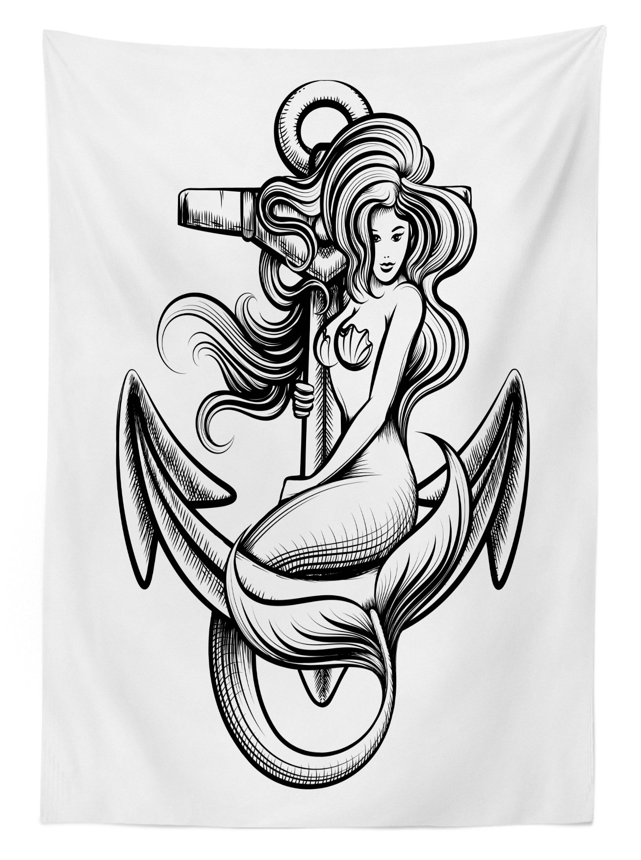 Ambesonne Black and White Anchor Outdoor Tablecloth - Monochrome Mermaid Tattoo Art Design, Greek Folklore Inspired, Washable Picnic Table Cover 58