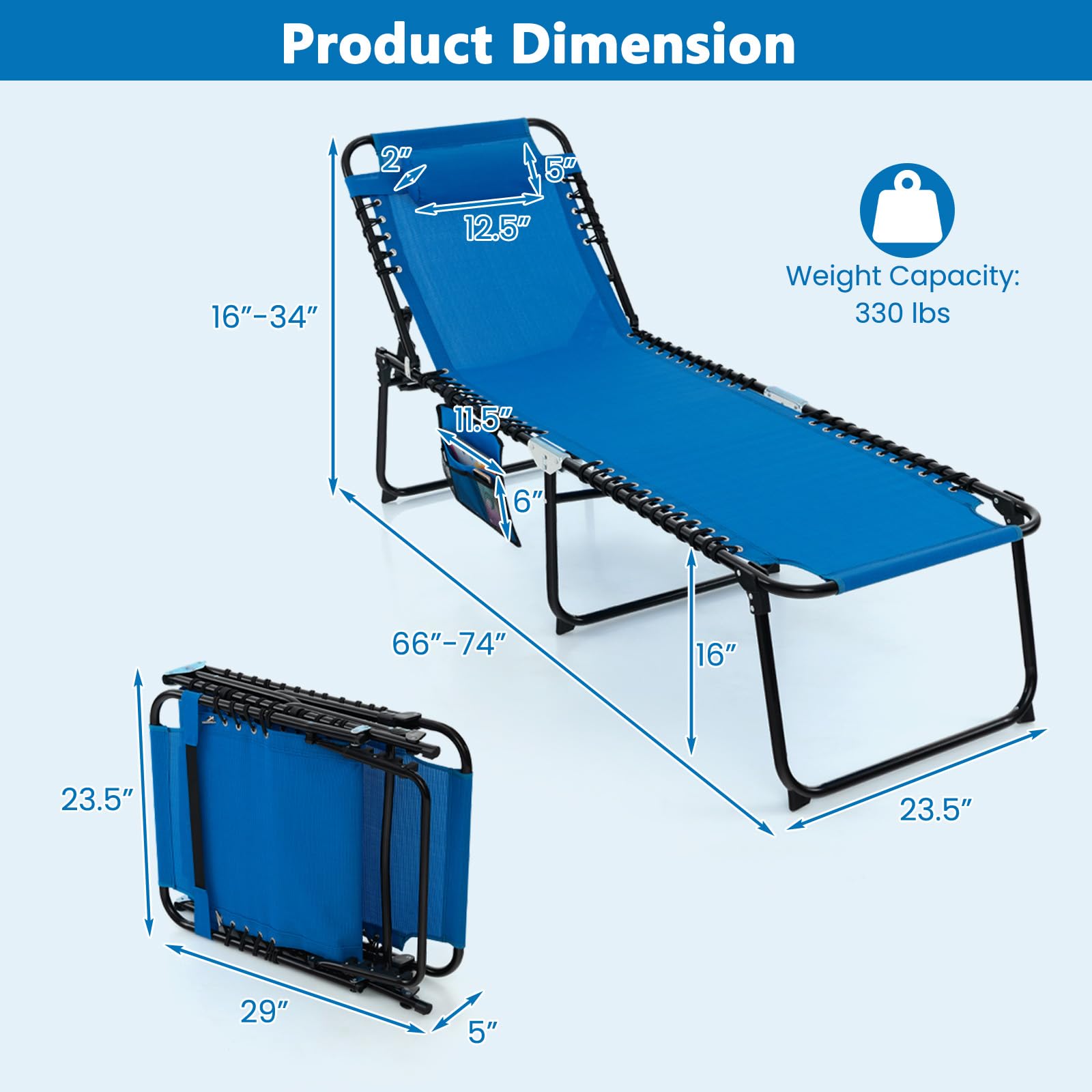 Giantex 2-Pack Folding Patio Lounge Chairs with Headrest - Adjustable Tanning Chairs for Outdoor, 4 Position Settings & Side Pocket - Perfect for Backyard, Poolside, Beach Sunbathing & Camping - Navy Blue