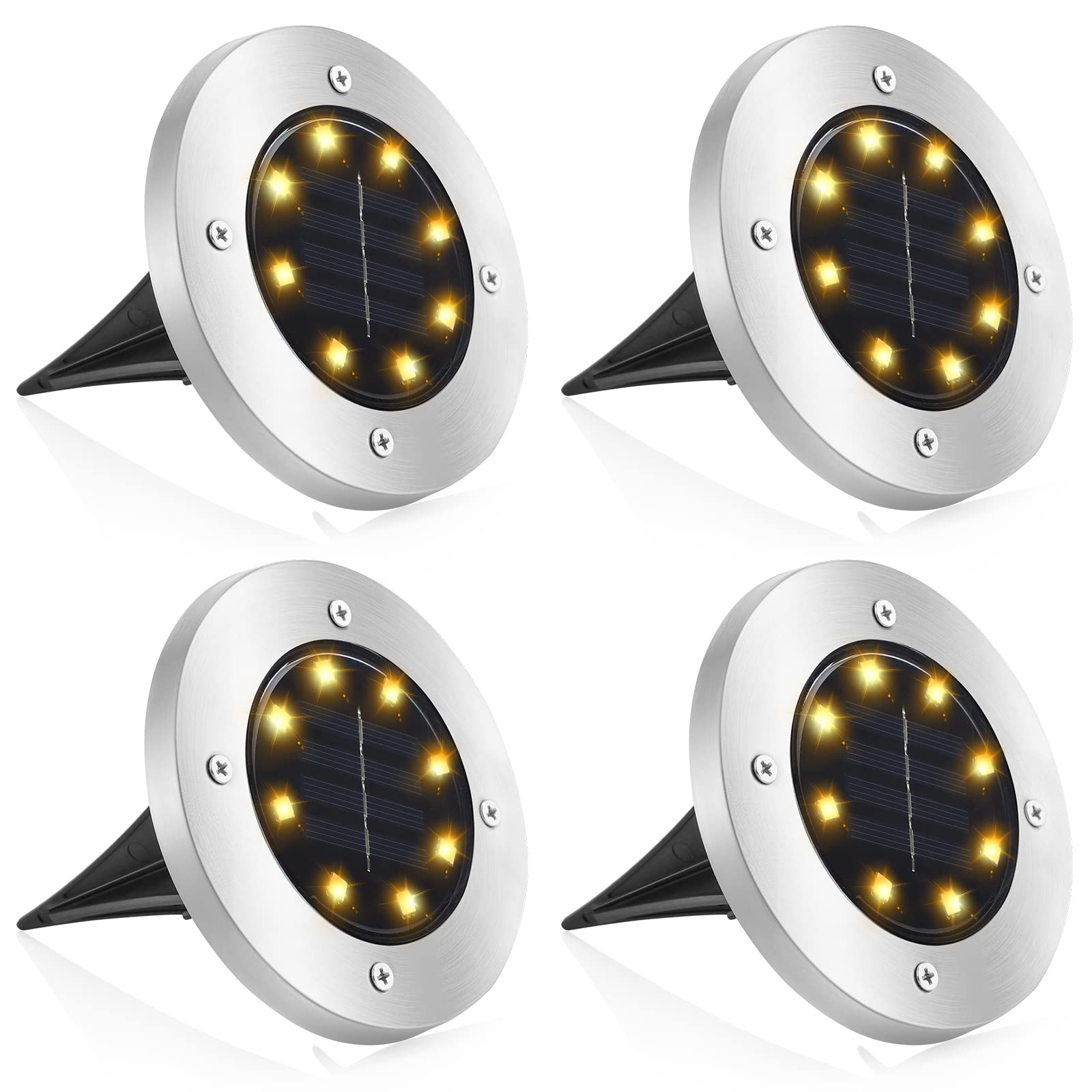 Solar Ground Lights Outdoor Waterproof - 4 Pack 8-LED Solar Disk Garden Path Lights for Pathway, Lawn, Yard, Patio, Driveway & Pool - Warm White Landscape Lighting for Decorative & Safety Use at Night