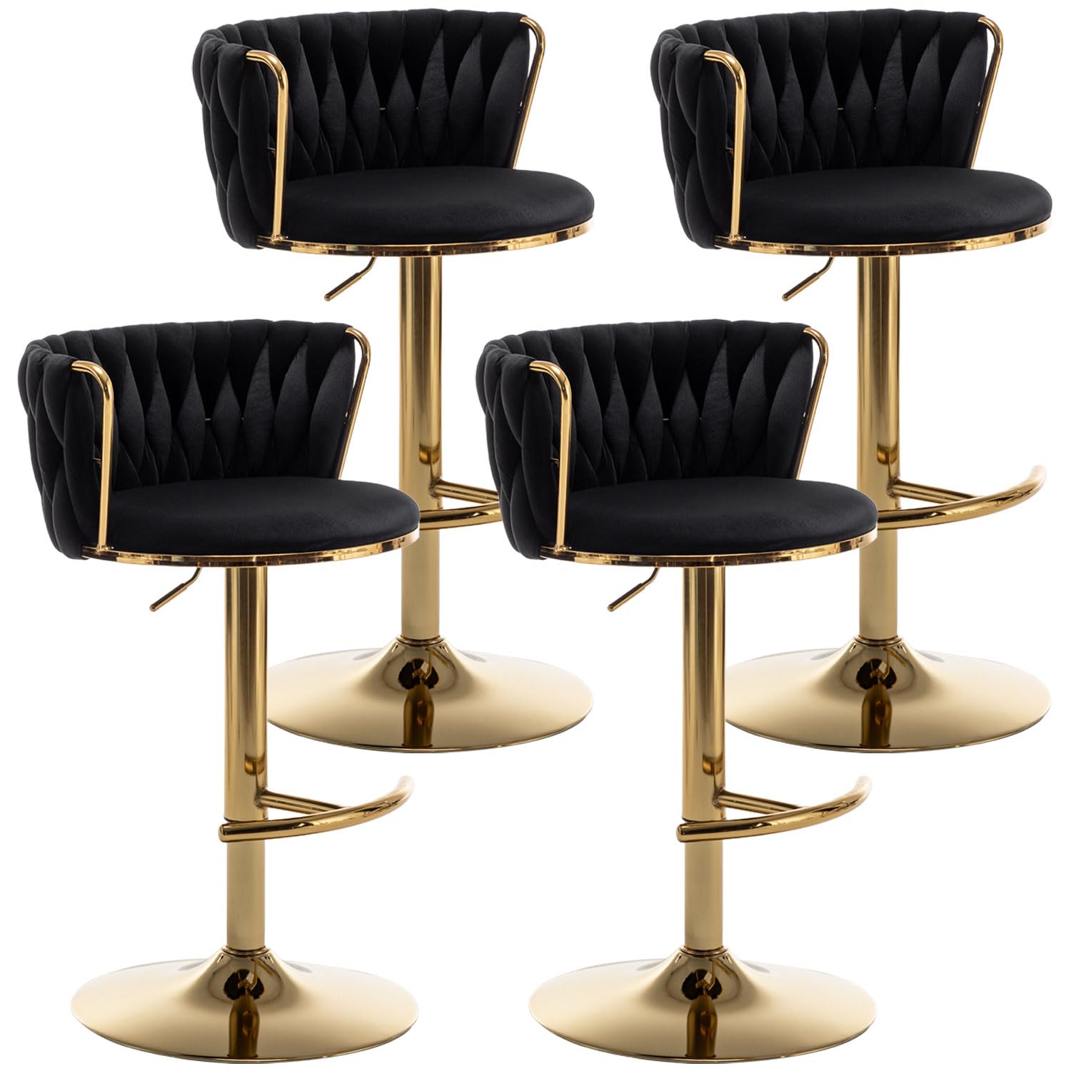 **Set of 4 Woven Counter Height Bar Stools - Low Back Gold Swivel Stools for Kitchen Island, Bar, Pub & Home Decor (Black) - Perfect for Modern Dining & Entertaining**