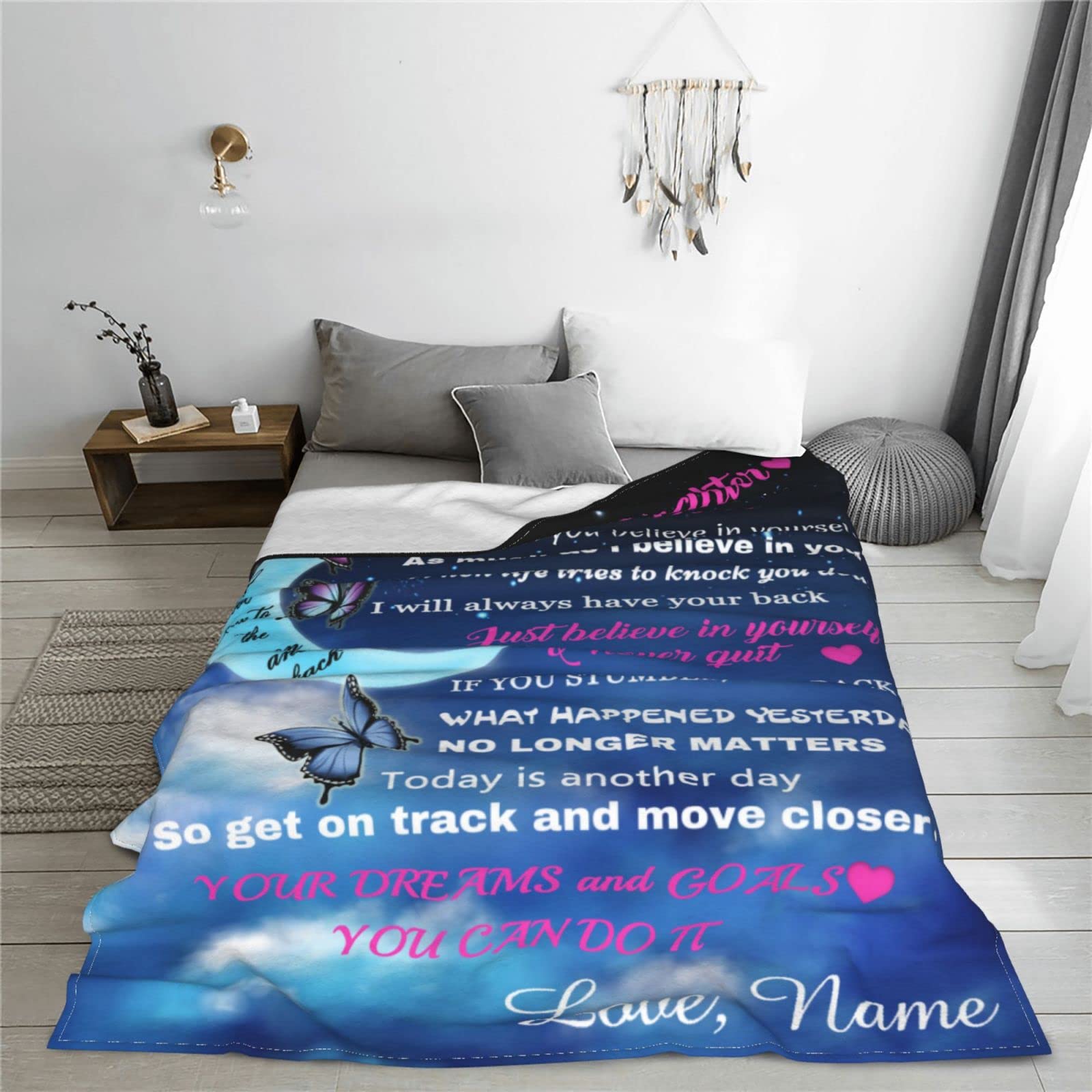 Personalized Custom Name Blanket - Love Letter to My Daughter from Dad & Mom - Butterfly Moon Design - 60x80 Inch Soft Fleece Throw Blanket - Perfect for Bed, Couch, Nursery & Gift Giving