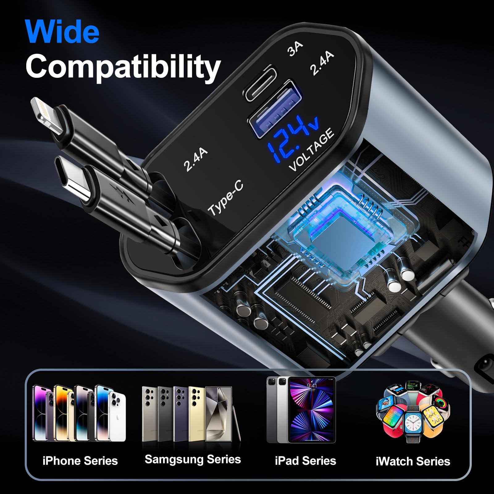 Lostrain Retractable Car Charger - Fast 4-in-1 USB C Car Phone Charger with 2 Retractable Cables (Type C & Lightning) & 2 USB Ports - Compatible with iPhone 15/14/13, Samsung Galaxy S23/S22, Google Pixel, iPad - Perfect for Road Trips, Commuting & Travel Charging