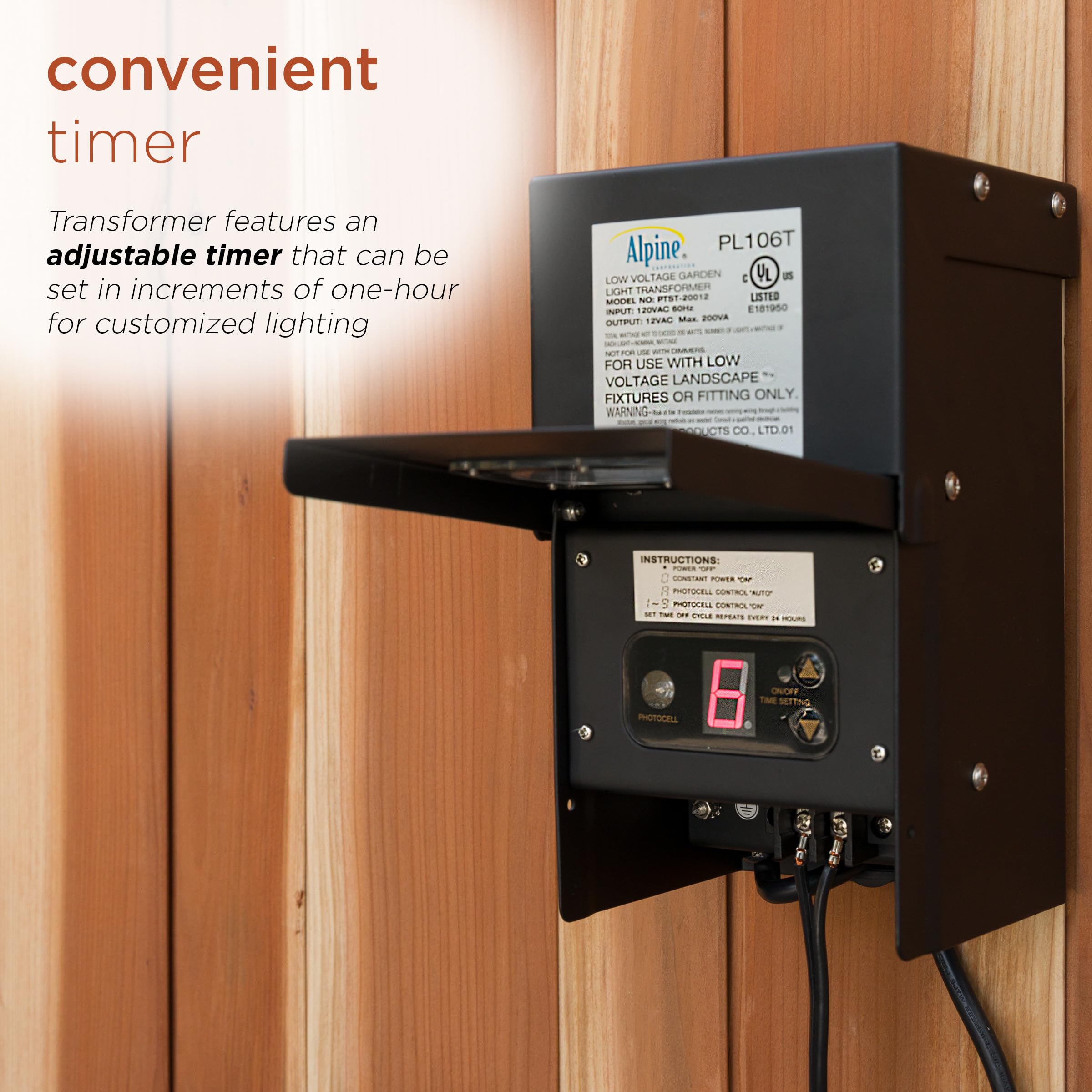 Alpine Corporation 200W Outdoor Transformer with Photocell & Timer for Ponds, Fountains, Waterfalls - Perfect for Garden, Patio & Landscape Lighting