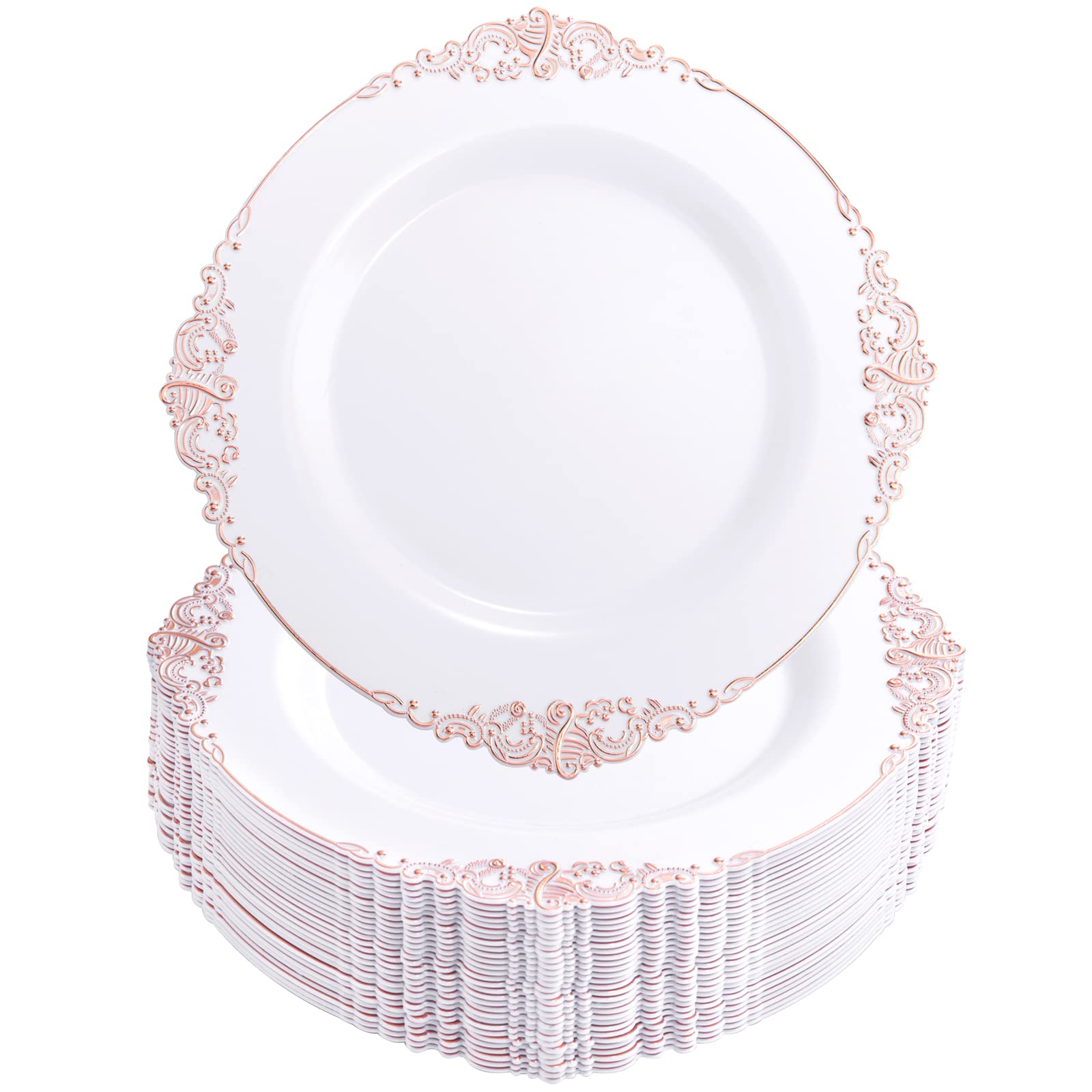 100-Pack Rose Gold Plastic Plates - 10.25 Inch Disposable Dinner Plates with Elegant Rose Gold Rim for Weddings, Parties, Baby Showers & Special Events - Perfect for Catering, Buffets & Outdoor Gatherings