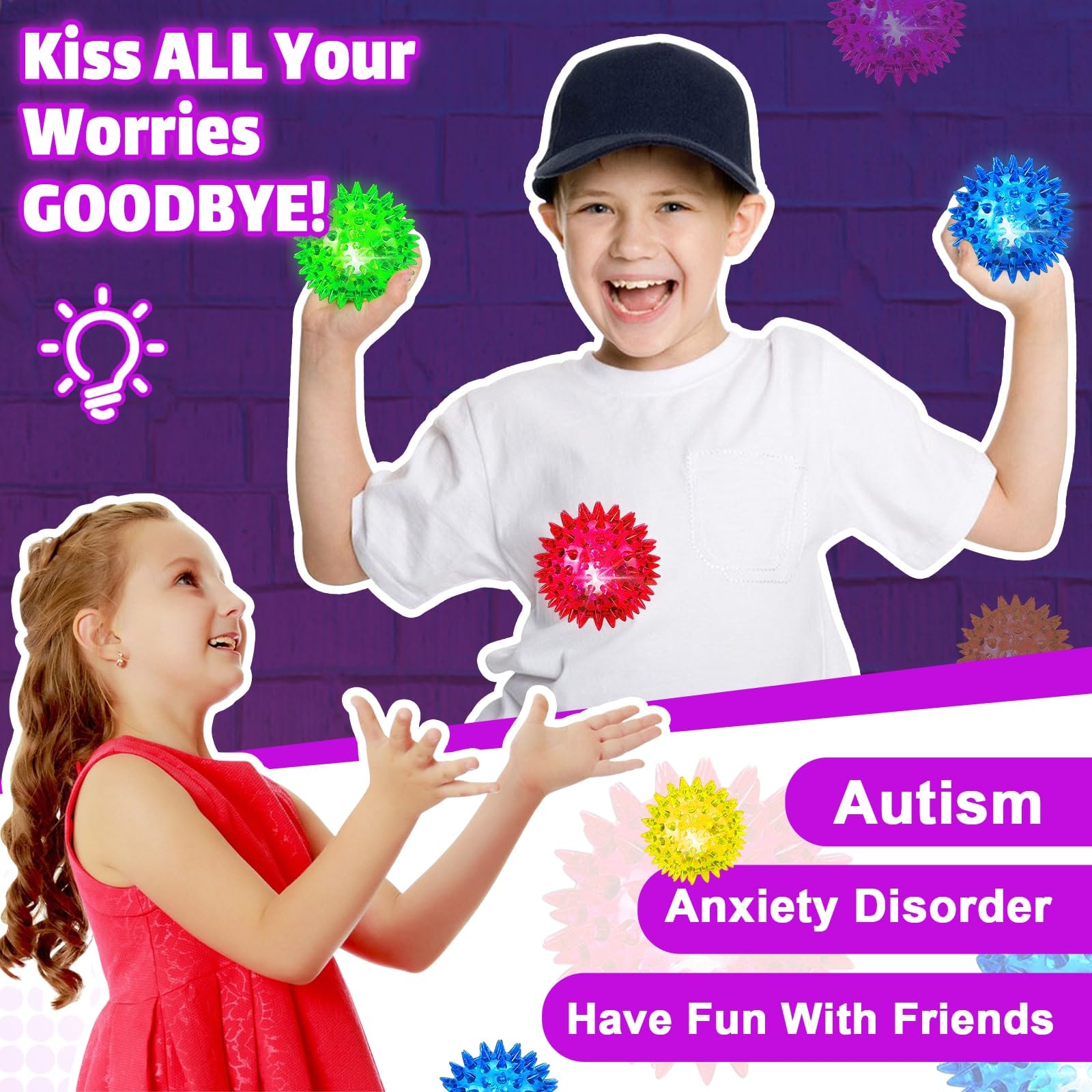 LED Flashing Spiky Sensory Balls for Kids - Bouncy Light Up Toys for Toddlers 1-3, Autism Stress Relief, Fidget Toys, Glow in The Dark Party Favors & Gifts - Perfect for Sensory Play, Birthday Parties and Calming Anxiety
