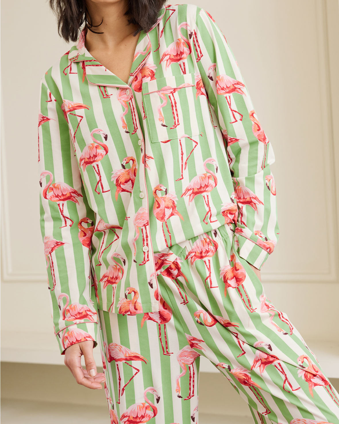 Organic Cotton Flamingo Striped Long Pajama Set for Women - Soft & Comfortable Sleepwear for Nighttime Relaxation & Lounging